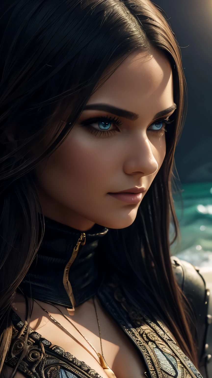 Waist high Portrait of an exotic beautiful caucasian woman wearing trendy clothing at a beach in Hawaii, 
perfect detailed face, detailed symmetric hazel eyes with circular iris, realistic, stunning realistic 
photograph, 3d render, octane render, intricately detailed, cinematic, trending on artstation, Isometric, 
Centered hipereallistic cover photo, awesome full color, hand drawn, dark, gritty, mucha, klimt, erte 12k, 
high definition, cinematic, neoprene, behance contest winner, portrait featured on unsplash, stylized digital art, 
smooth, ultra high definition, 8k, unreal engine 5, ultra sharp focus, intricate artwork masterpiece, ominous, epic, 
TanvirTamim, trending on artstation, by artgerm, h. r. giger and beksinski, highly detailed, vibrant