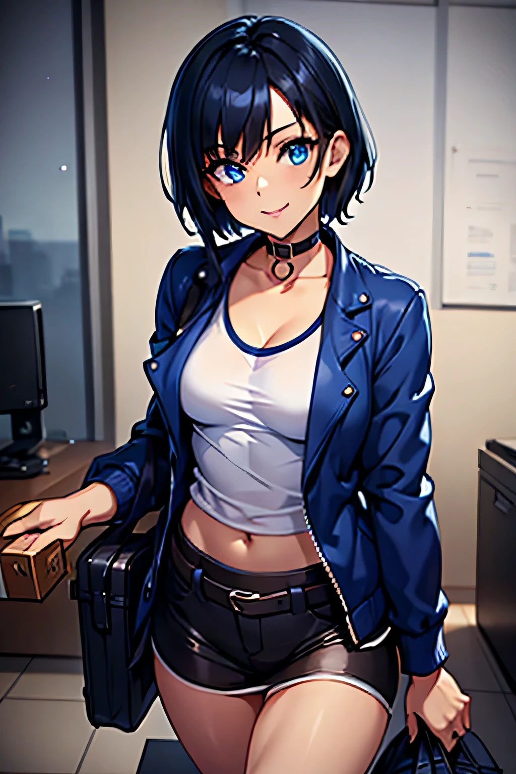 ((masterpiece)), (bestquality), ((ultra-detailed)), ((cinematic lighting)), depth of field, (dynamic angle),detailed lighting, (beautiful detailed blue eyes), 1girl, handing over a package, short black hair, tanned skin, Choker, tomboy, top and shorts, Jacket, smile, navel, small bust, Package in Hand: 1.4 , Delivery girl: 1.2, Delivery,