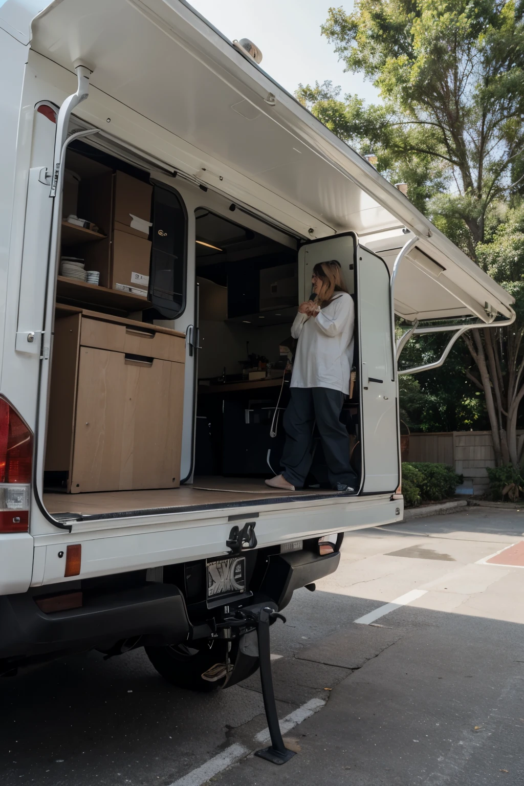Retractable exterior rear expansion of a vehicle that when extended opens with a closed awning and thus increases space