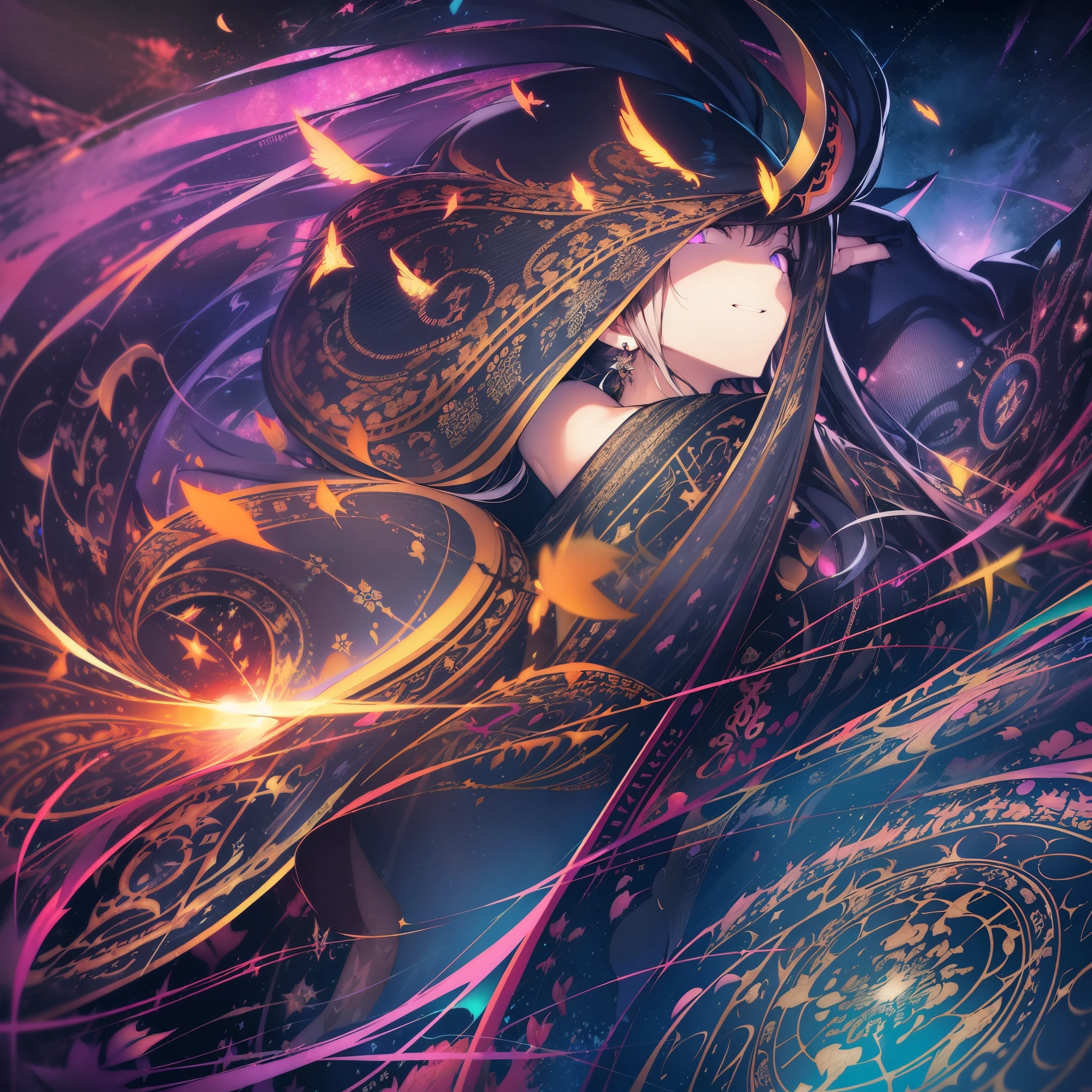 ((((black light poster art))))、Design a mesmerizing piece of art featuring the mystical charm of nocturnal bats。spread your wings wide、Decorated with intricate patterns that glow in the dark、Surrounded by the enchanting night sky。Clouds illuminated by stars and moonlight