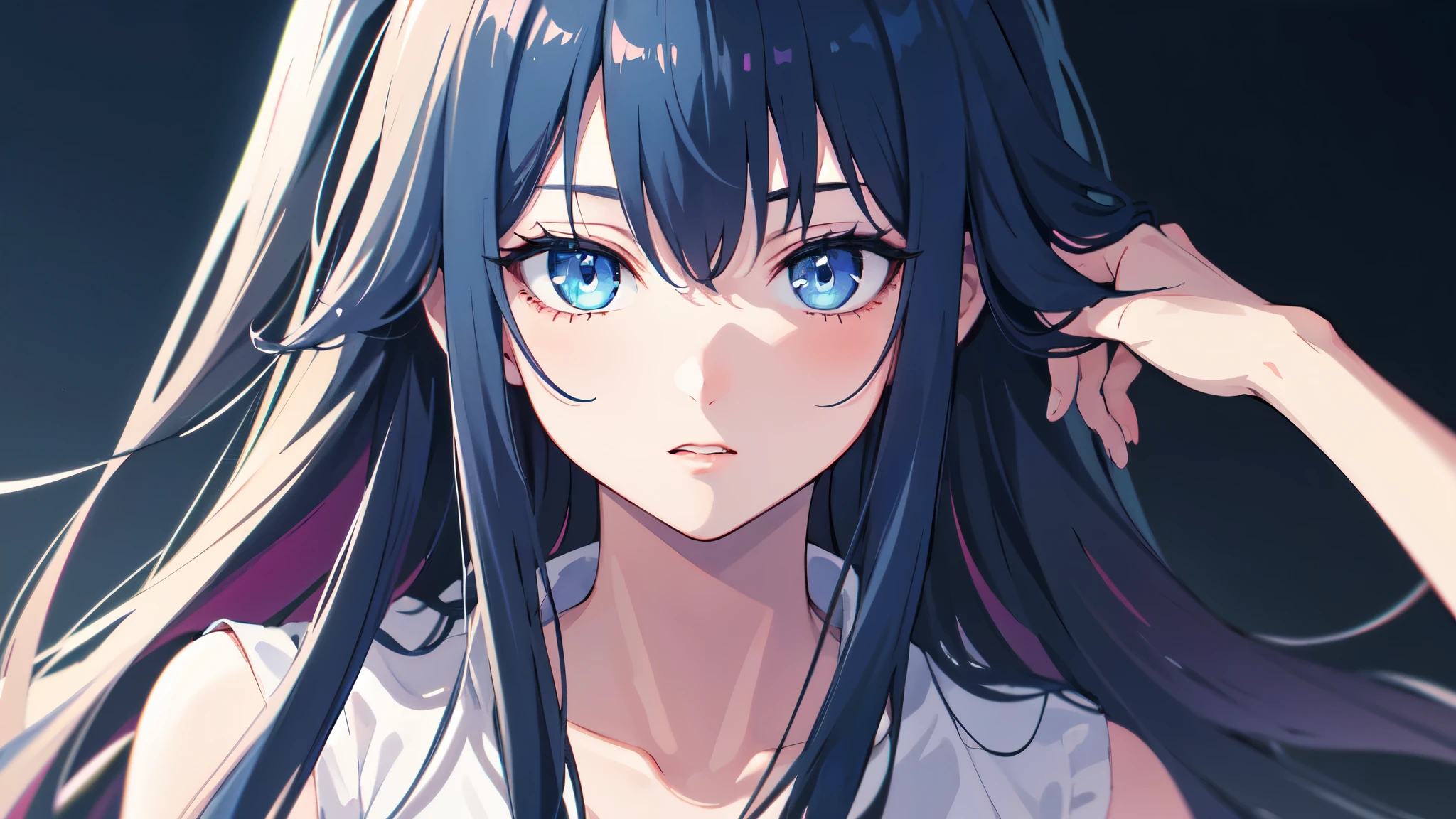 (masterpiece, highest quality), ((1 girl, (mature)), (dark blue hair, long hair, straight hair, beautiful hair), (blue eyes, beautiful eyes, eye highlights, clear eyes)), (simple background, dark background), (High resolution, chromatic aberration),