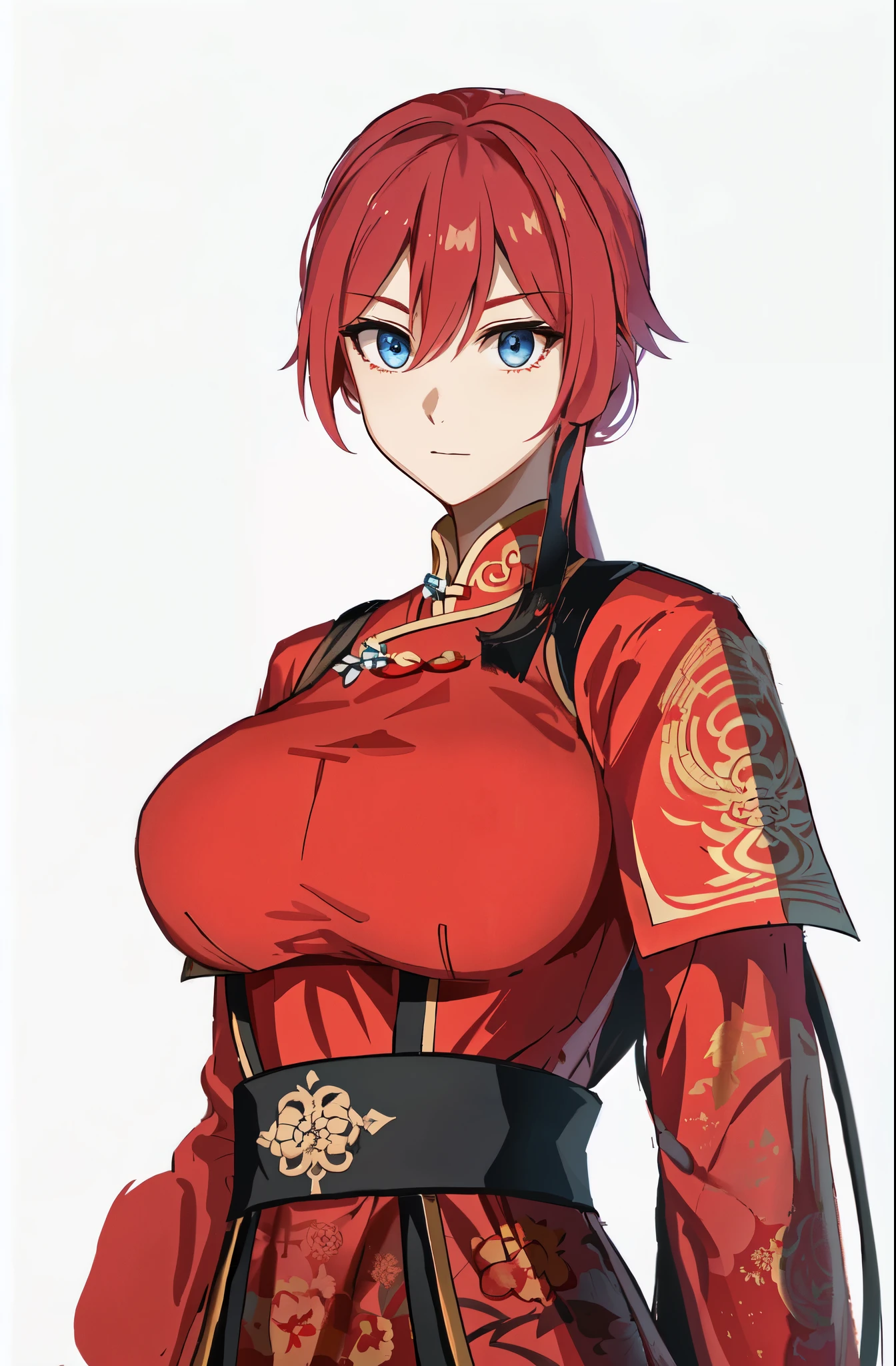 One was wearing a red dress、Cartoon image of woman holding sword, Ayaka original god impact, fox and bush, Katsushika,  Ayaka game genshin impact, Kushat Garland, heroine  :8, Tik, Kitsune-inspired armor,  Highest rated on pixiv，Three Kingdoms style，female general，huge breasts，woman with fierce eyes，blue eyes，Beauty，Dynasty Warriors，cool girl