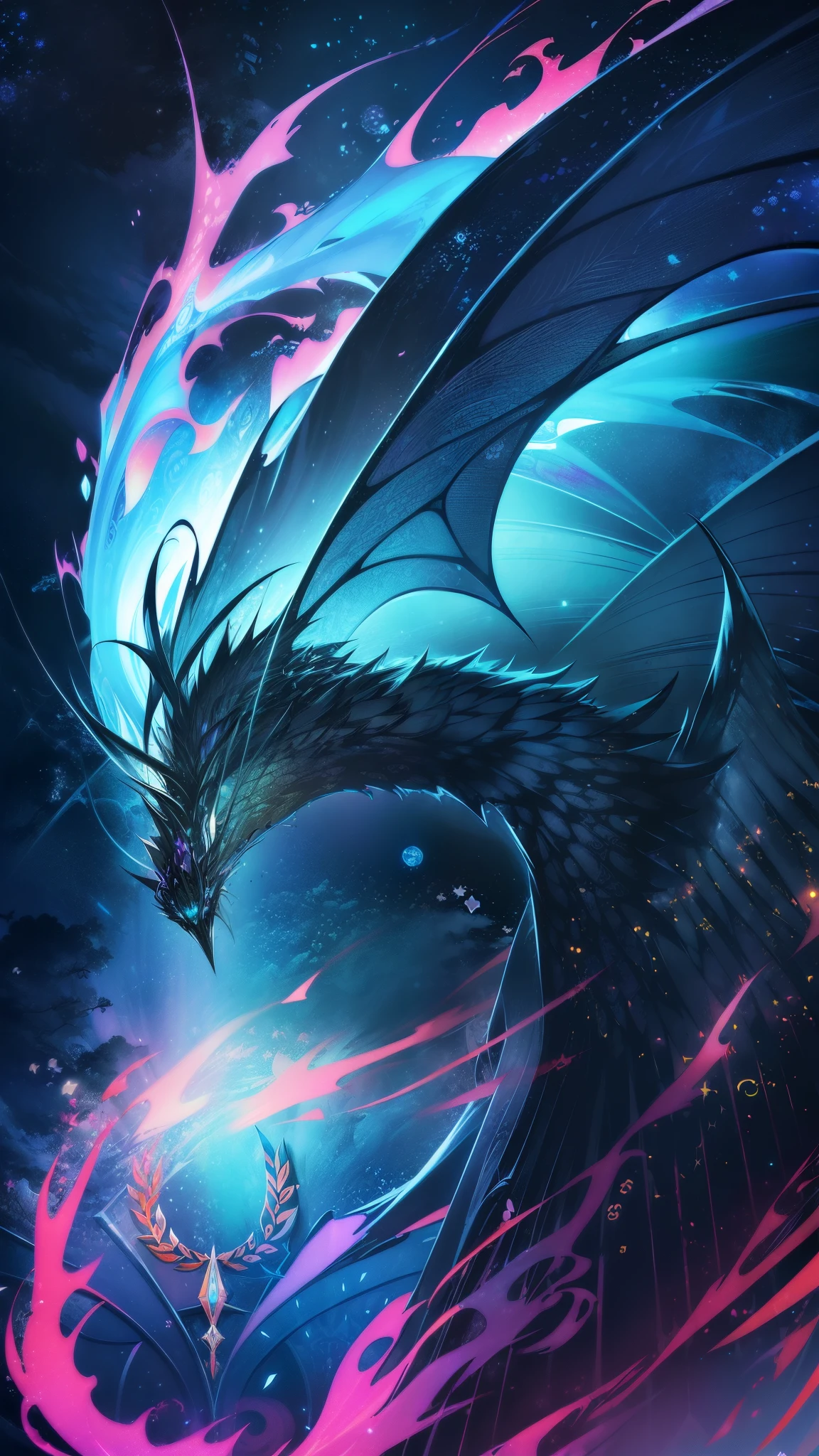 ((((black light poster art))))、Design a mesmerizing piece of art featuring the mystical charm of nocturnal bats。spread your wings wide、Decorated with intricate patterns that glow in the dark、Surrounded by the enchanting night sky。Clouds illuminated by stars and moonlight