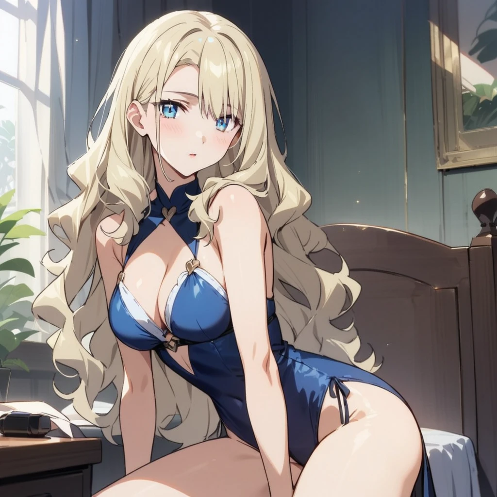 (mireille bouquet:1.1),1 beauty,adult female,blonde hair,(long straight hair:1.2),Wavy hair only in the lower half,gradation blue eyes,(masterpiece:1.1、High resolution:1.2)