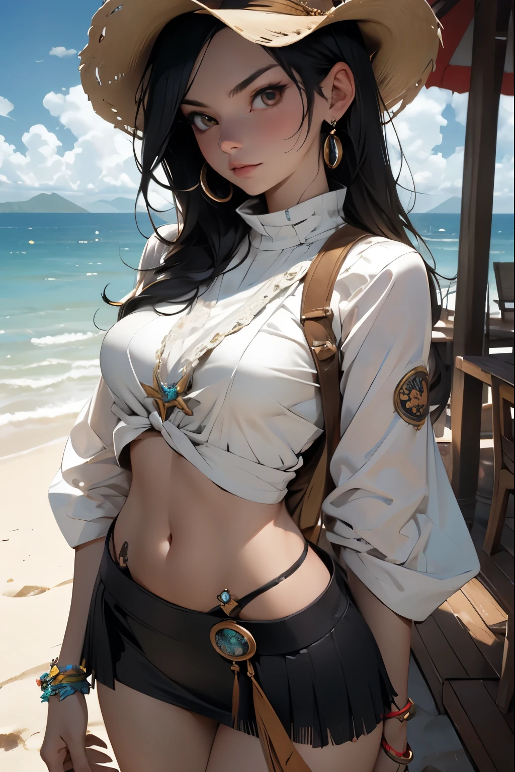 masterpiece, best quality, high resolution, fine detail, amazing and beautiful detail, different_pictures, 1 girl, solo, naked, naked, naked, miss v,from below, dark black hair, red eyes, dragon pin horns, ( boobs big), (lower chest), outdoor, plant, botanical, garden,red scarf, quiver of arrows at the feet of the kamam