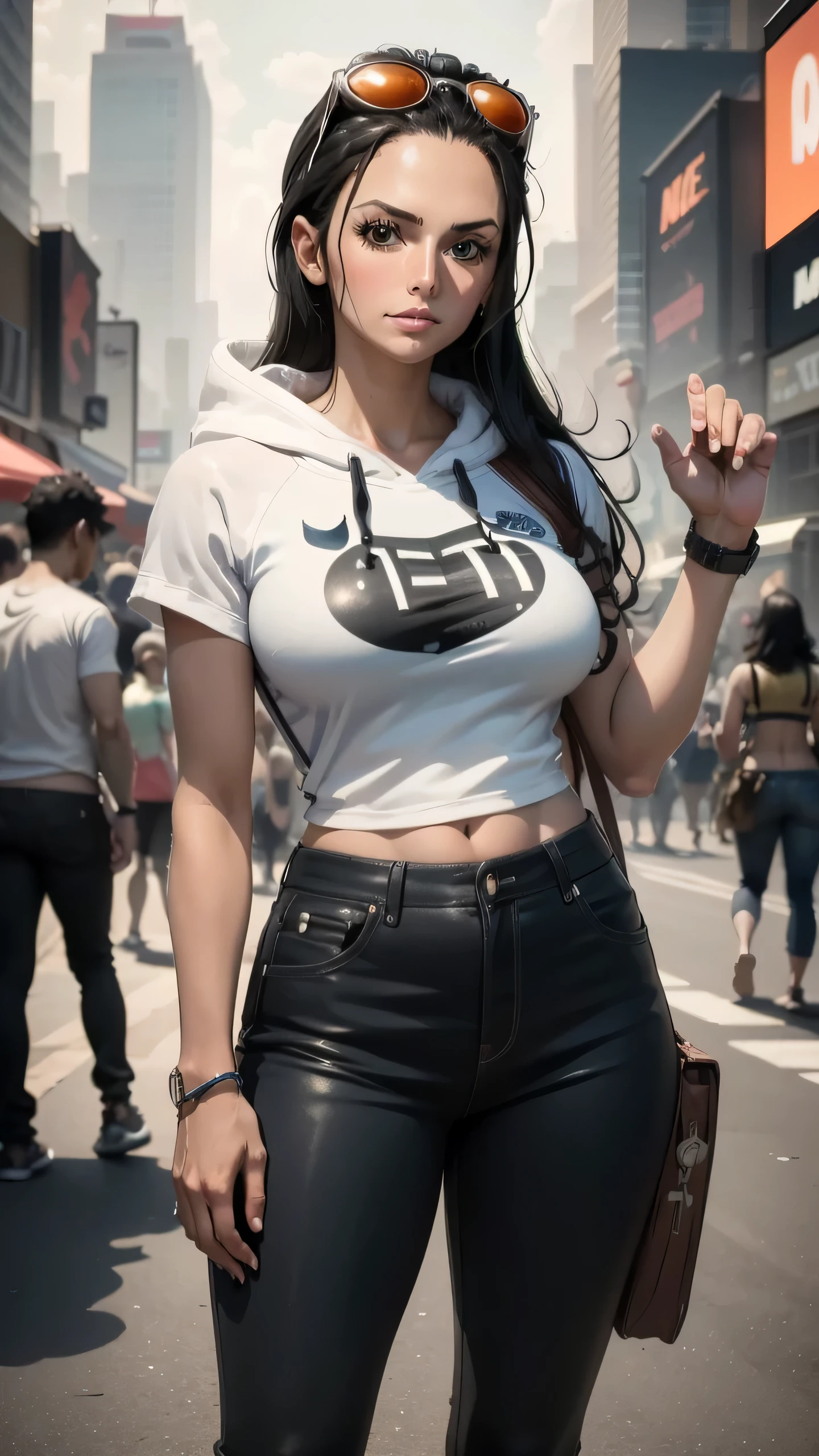 ((Best quality, 8K, masterpiece: 1.3)), Detailed eyes, (view from the front), Look at the camera, (Best Ratio: 4 fingers, 1 thumb), (portrait), 1 person, Nico Robin ( (one piece)), Beautiful woman, very detailed facial and skin texture, standing upright, outdoor, city times square, wearing trousers, wearing accessories on her head, wearing a Nike hoodie and a t-shirt that says TEMELEBER.