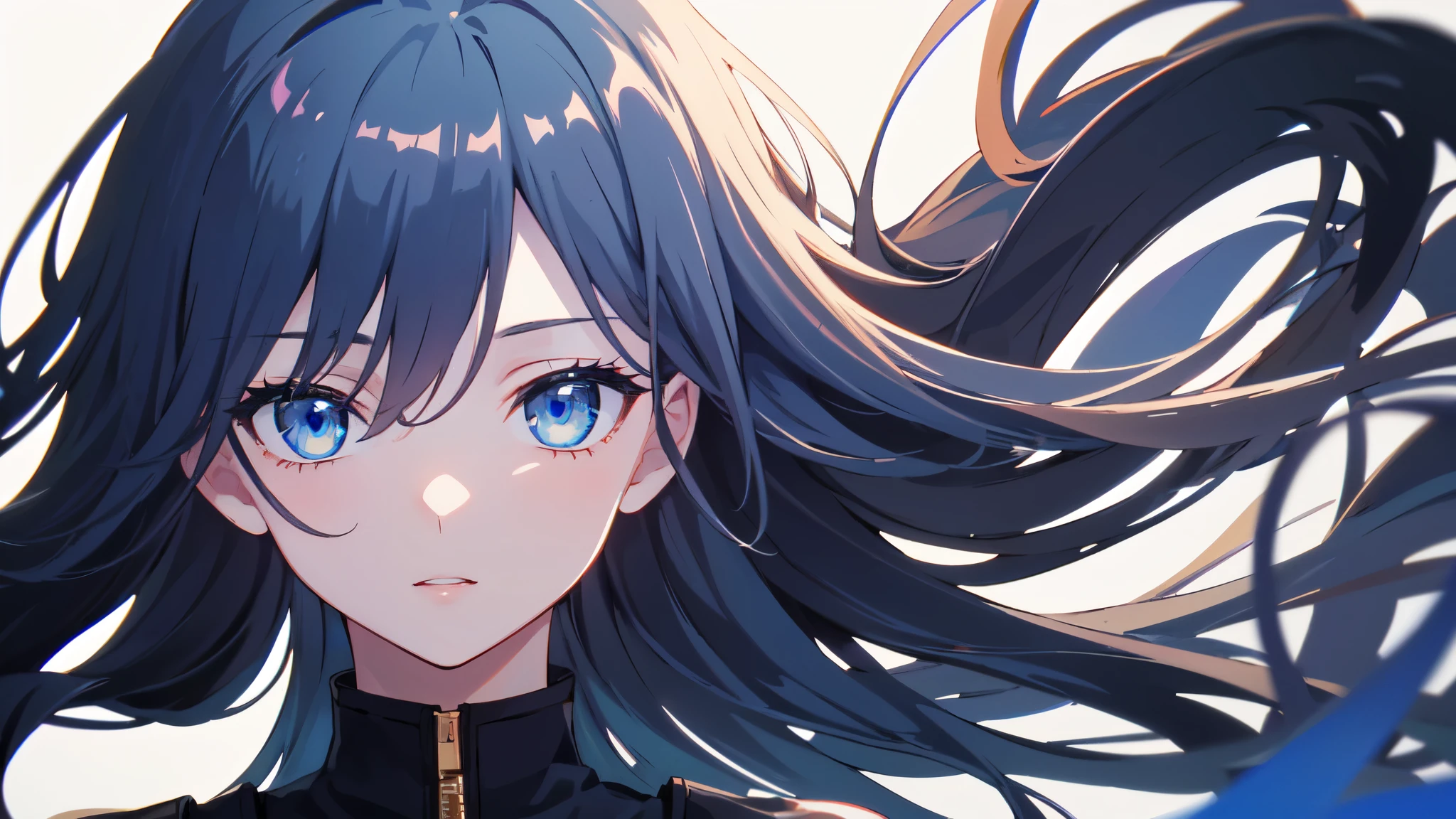 (masterpiece, highest quality), ((1 girl, (mature)), (dark blue hair, long hair, straight hair, beautiful hair), (blue eyes, beautiful eyes, eye highlights, clear eyes)), (simple background, dark background), (High resolution, chromatic aberration),