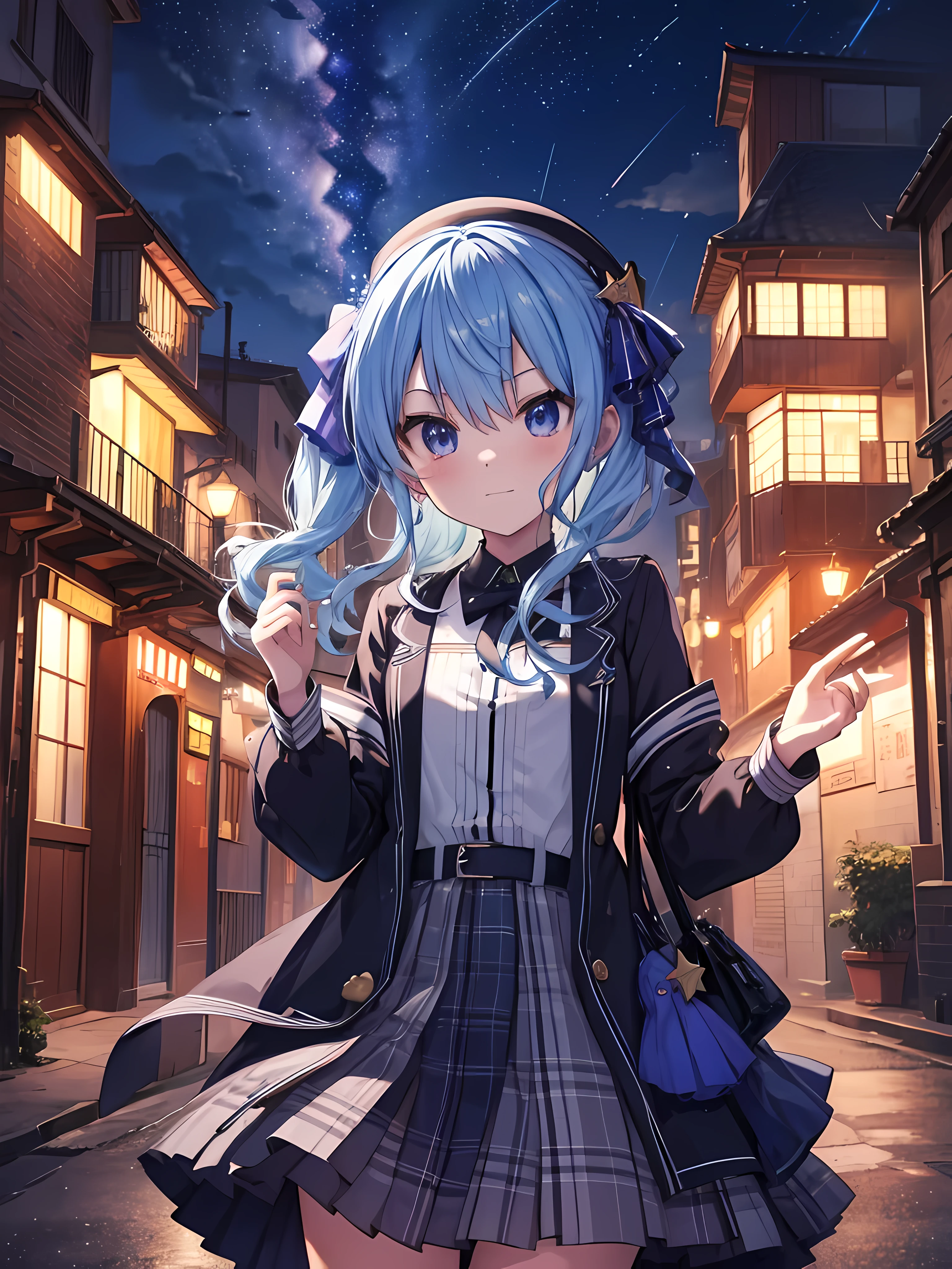 Hoshimachi Suisei, Hololive, matur, casual dark outfit, casting stars magic in middle of town on midnight, panorama, landscape