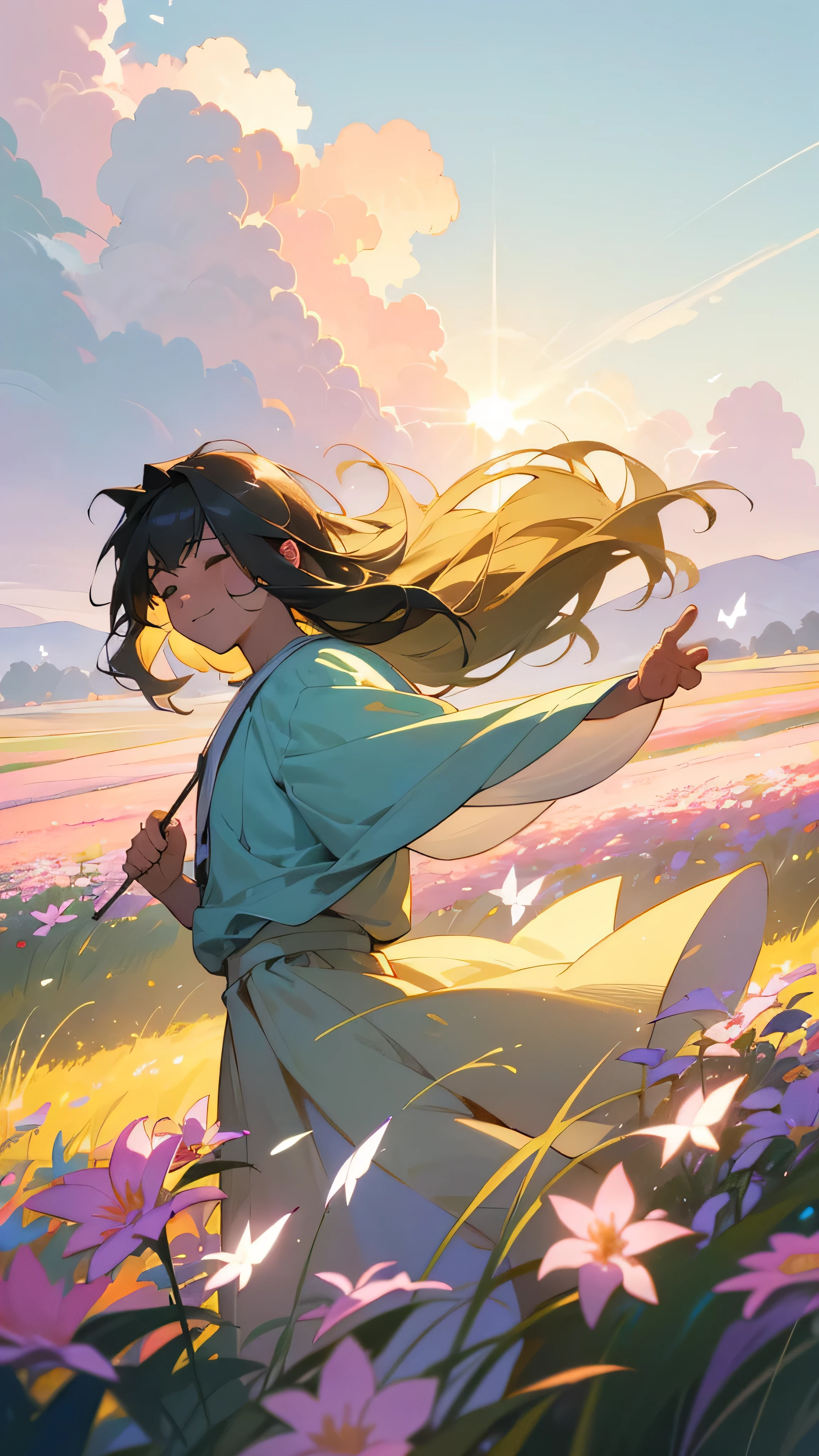 (best quality,4k,8k,highres,masterpiece:1.2),ultra-detailed,(realistic,photorealistic,photo-realistic:1.37),portrait,landscape,colorful,soft lighting,beautiful boy,field of flowers,cloudy day,green grass,gentle breeze,smiling boy,innocent expression,tall and luscious flowers,swaying in the wind,sun rays piercing through the clouds,pastel colors,tranquil atmosphere,wide angle perspective,serene and peaceful ambiance,vibrant and saturated colors,depth of field effect,boy's tousled hair flowing in the wind,warm and dreamy vibes,harmonious composition,butterflies dancing around the flowers,serendipitous moment,joy and happiness captured in the scene, ultra high quality