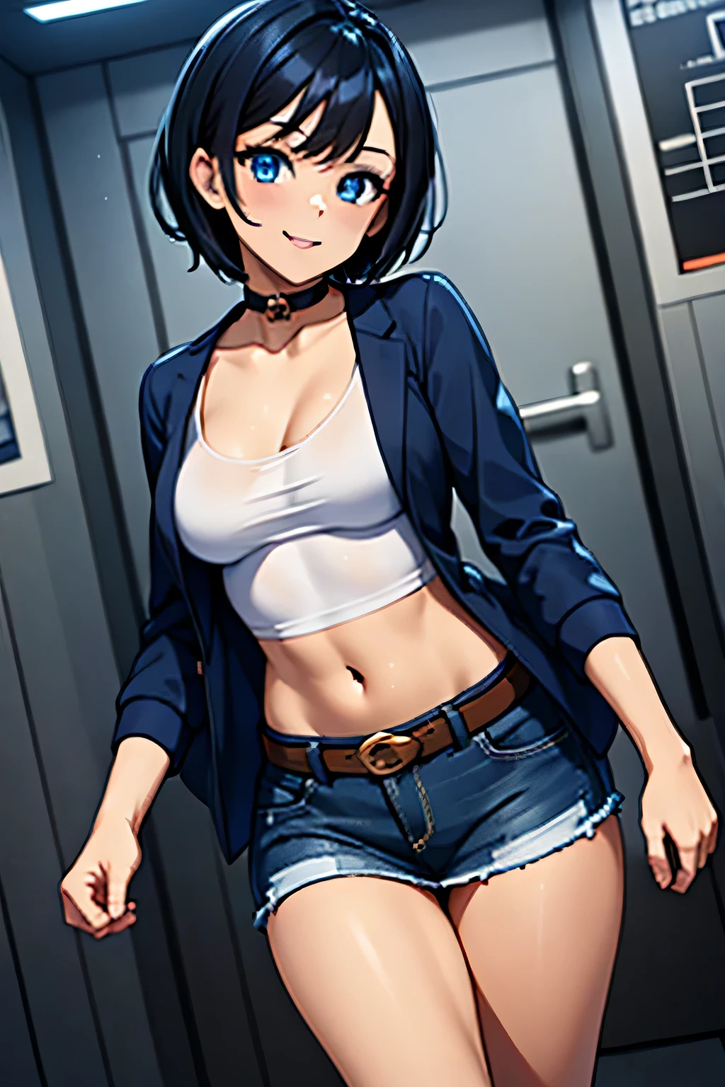 ((masterpiece)), (bestquality), ((ultra-detailed)), ((cinematic lighting)), depth of field, (dynamic angle),detailed lighting, (beautiful detailed blue eyes), 1girl, handing over a package, short black hair, tanned skin, Choker, tomboy, top and shorts, Jacket, smile, navel, small bust, Package in Hand: 1.4 , Delivery girl: 1.2, Delivery,