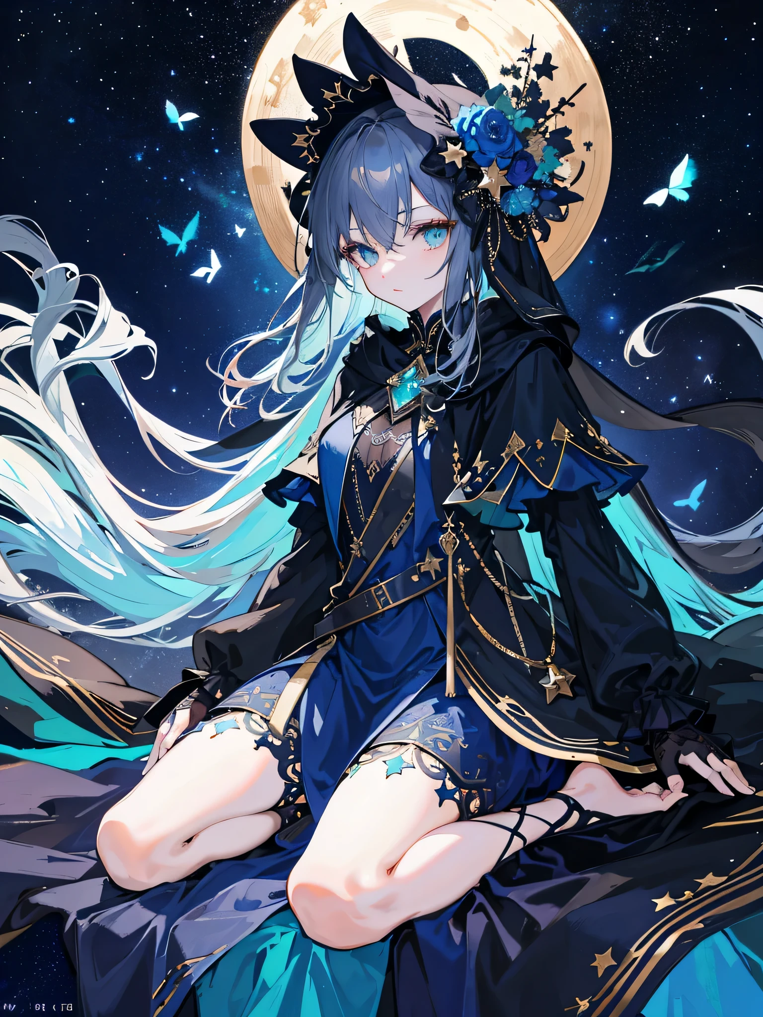 ((Super detailed)),((illustration)),((master paintings)),(((distressed))),((Beautiful and delicate eyes)),(Extremely detailed CG Unity 8K wallpapers,best quality,master paintings),((4K,master paintings,best quality)),A woman who feels like a sister but a little mature,dark blue long hair,Long hair to waist,loose hair,shawl,emerald green eyes,(the only person),The night sky is full of stars,The left hand is slightly raised,There is a ring on the ring finger of the left hand,Dark Blue Oversized Swing Princess Long Dress,Wearing a large navy blue trench coat,There are stars hidden under the skirt,cloak,Dark blue butterflies dance around you,theater background,Star Curtain,Wearing a dark blue veil with stars,sling,on his right hand, He wears gradient blue star gloves,(full body picture),Smaller eyes,(pretty face:1.2),(thinning hair:1.2),((Gorgeous starry sky background)),sit with the stars,The stars are soaring beneath your feet,Stepping on a black hole,dark blue boots