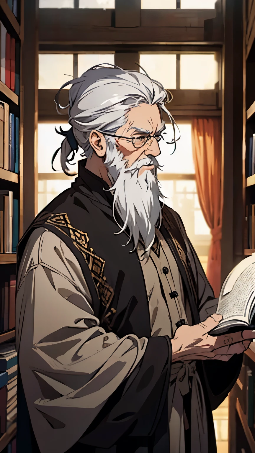 ((masterpiece)), ((highest quality)), ((High resolution)), ((finely)),anime coloring,Old wizard in a fantasy world,An old man with long beard and gray hair with a displeased expression,Standing with a book open in a dimly lit room lined with bookshelves.,brown wizard robe,Upper body,sharp look,