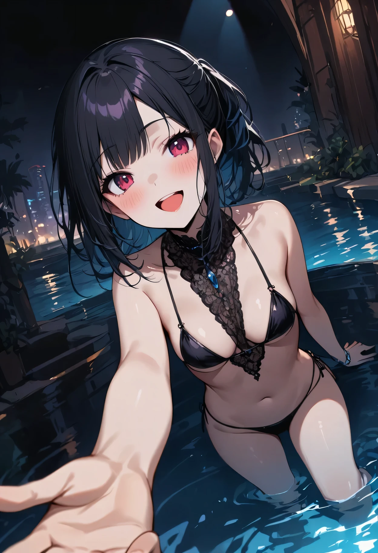 (best quality, masterpiece), 1 girl, intricate details, Beautiful and delicate face, (tiny micro bikini:1.2), perspective, looking at the audience, Night swimming pool, blush, open mouth, black hair, Medium long hair, blunt bangs, happy, permanent,
