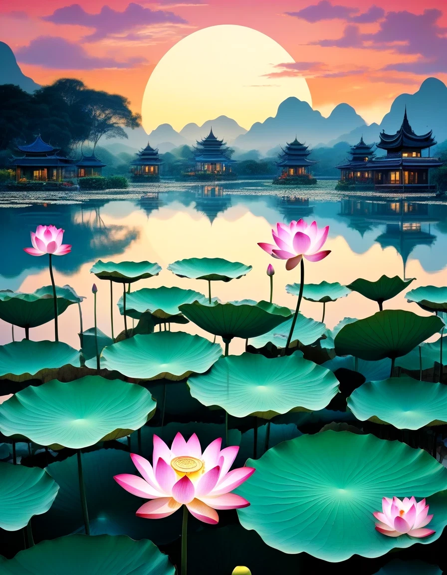 in style of collage artwork, Lotus pond in the evening, beautiful detailed
