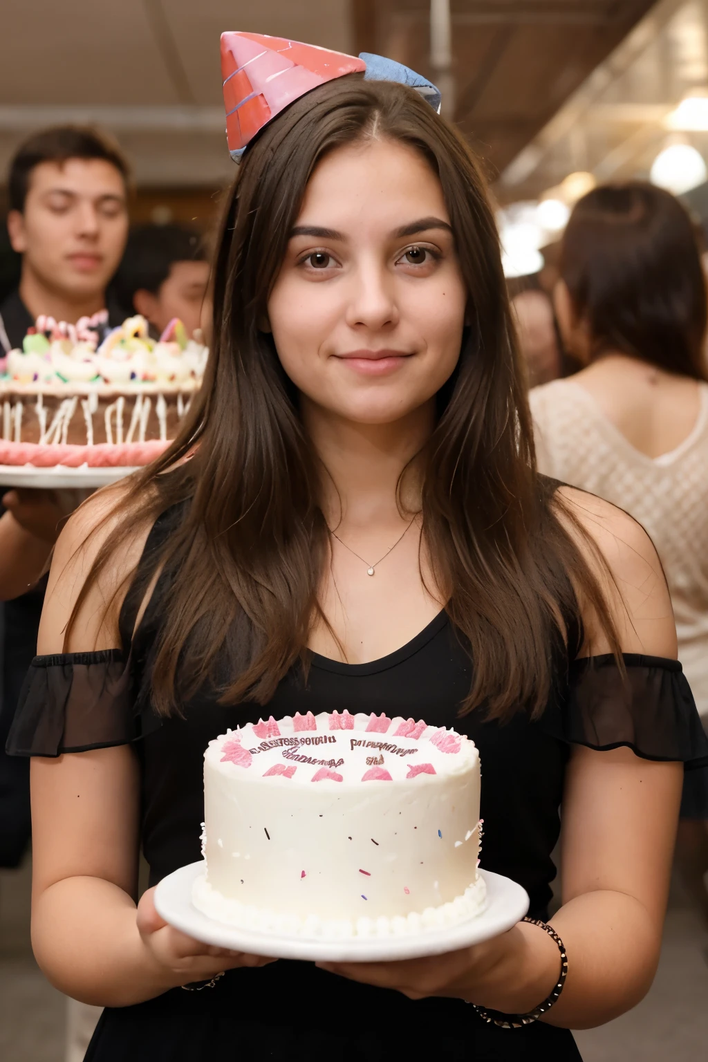 young below average woman, birthday , cake, people in background
