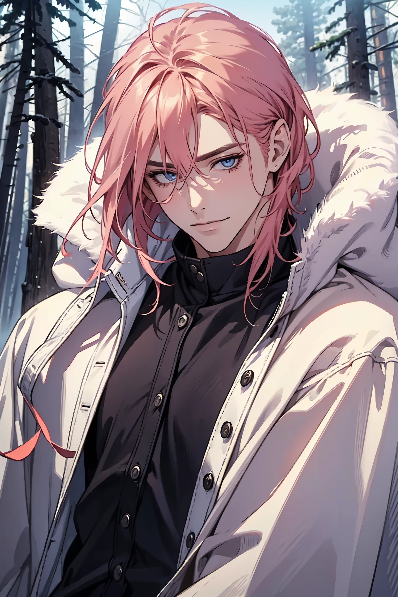 (masterpiece, 8k, absurdres, digital art, digital illustration, photorealistic, highly detailed, realistic lighting), (perfect face, perfect eyes, perfect body), 1 man, solo male, masculine, handsome, sharp features, strawberry pink hair, smug:1.5, smug grin, toned body, winter jacket, winter forest, snowing, looking at viewer