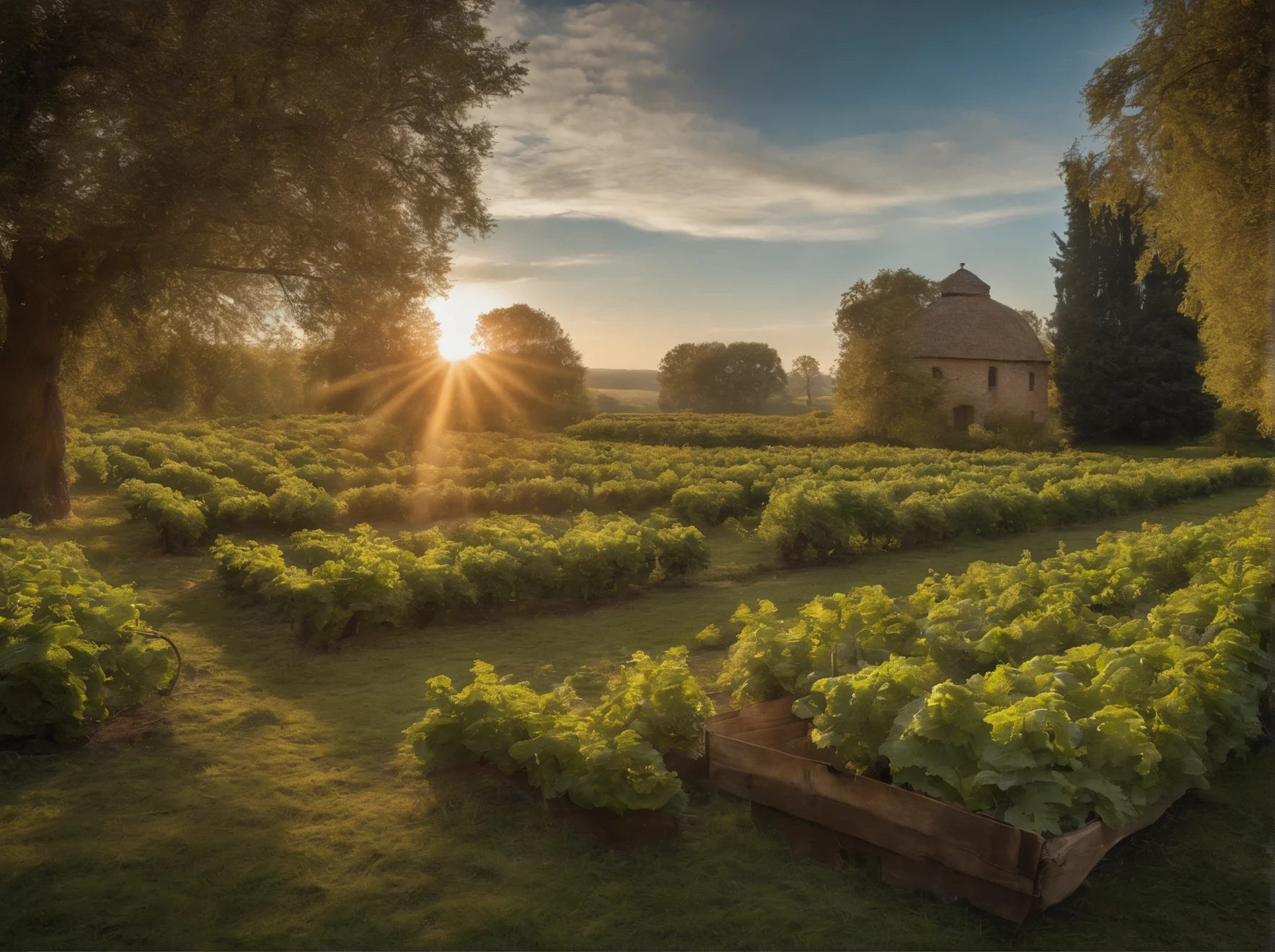 (((A vegetable patch))) on a clear day, (((an orchard stretches out in the distance))), fantasy art, (((clear blue sky))), rainbow, (((in style of Leonardo da Vinci))), dreamlike scenery, (best quality,4k,8k,highres,masterpiece:1.2), ultra-detailed, (realistic,photorealistic,photo-realistic:1.37), HDR, UHD, studio lighting, ultra-fine painting, sharp focus, physically-based rendering, extreme detail description, professional, vivid colors, bokeh, portraits.