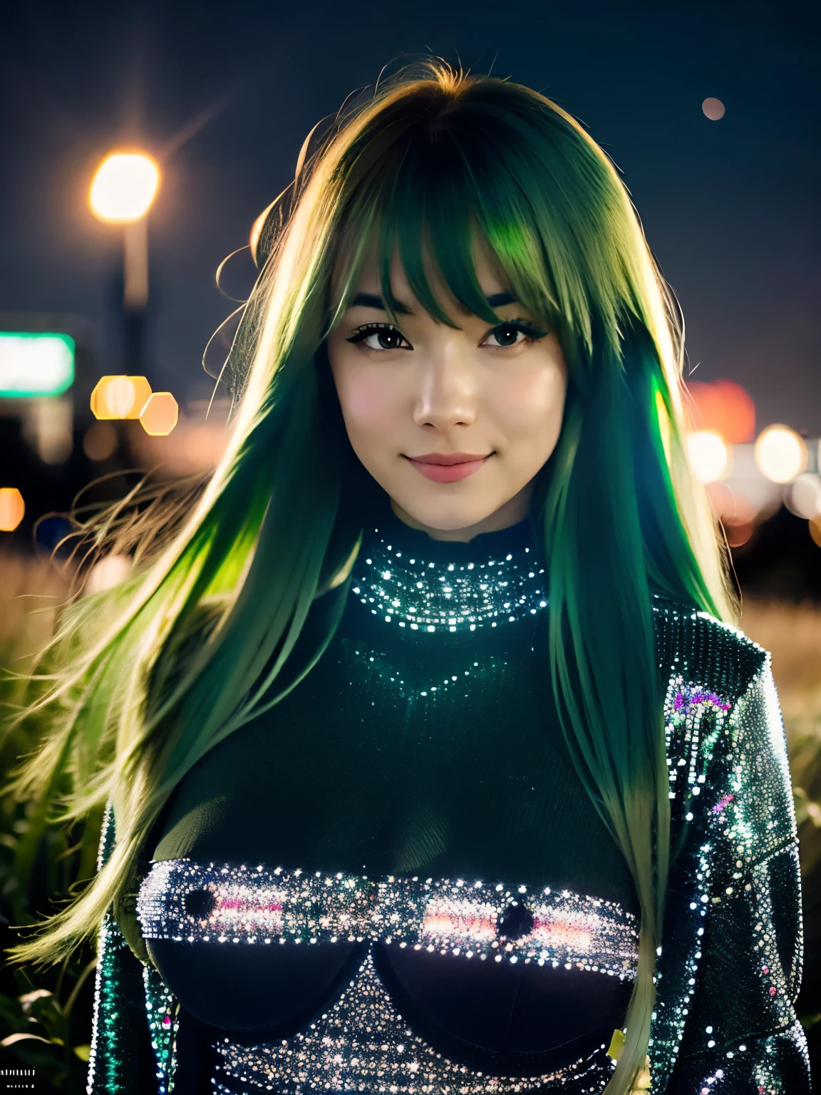 Allein, sehr detailiert, detailliertes Gesicht, Pokidiffusion, Image of a beautiful girl with long, unordentlichem Haar (sparkling green hair) Tragen von Freizeitkleidung mit Muster, Happy, outside in a common place, Sonnenuntergang, Abendhimmel, detaillierte Schattierung und Beleuchtung, shows breasts