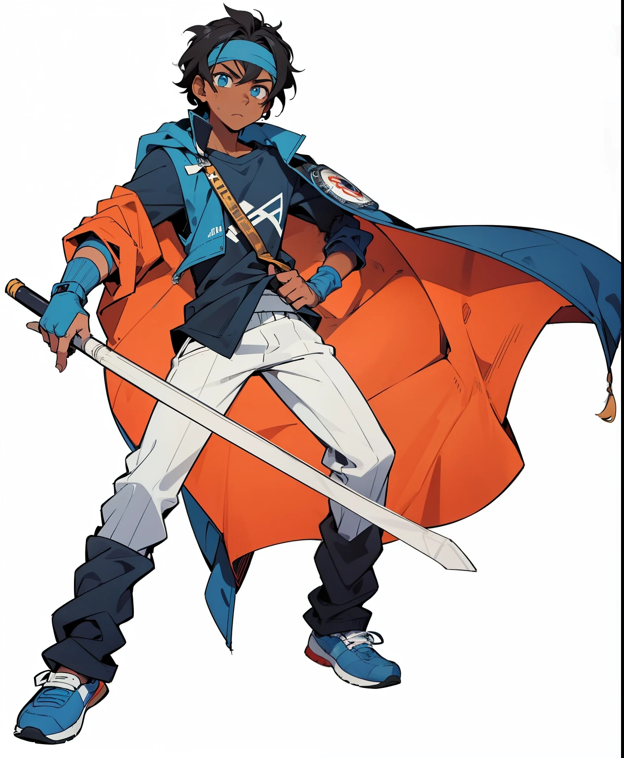 , dark skin, black hair, messy hair, blue eyes, long-sleeved shirt, sweatpants, white headband