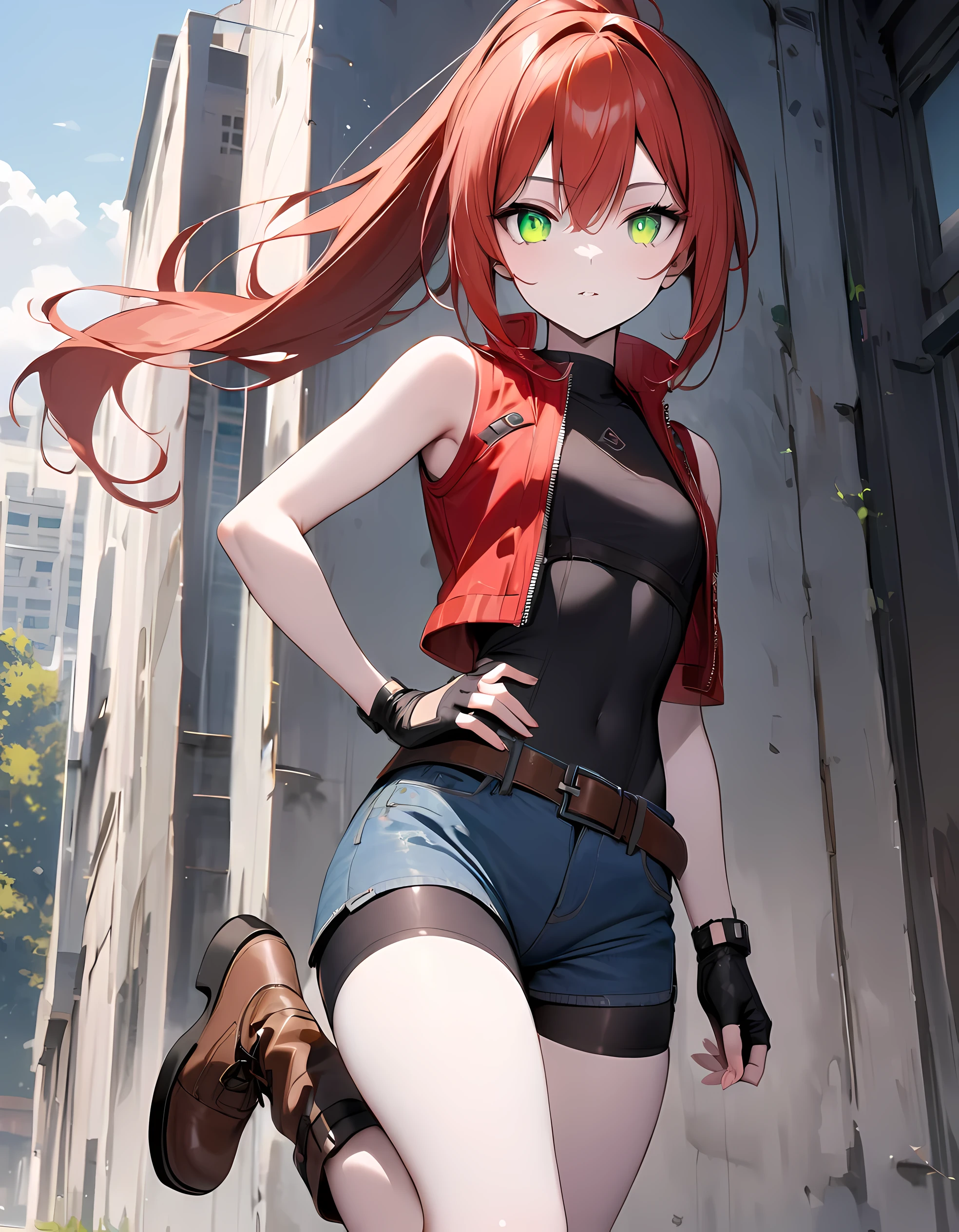 detailed, (masterpiece:1.2), (pale_skin:1.2), (solo:1.2), (female), slender, (glowing_eyes), (bright_eyes), long hair, bangs, shirt, gloves, hair between eyes, bare shoulders, closed mouth, green eyes, jacket, ponytail, sidelocks, thighs, red hair, boots, outdoors, parted lips, open clothes, shorts, sleeveless, black gloves, belt, fingerless gloves, vest, open jacket, hand on hip, bare arms, black shirt, short shorts, sleeveless shirt, brown footwear, leg up, denim, bike shorts, building, red jacket, cropped jacket, blue shorts, denim shorts, black vest, red vest, brown belt, open vest, sleeveless jacket