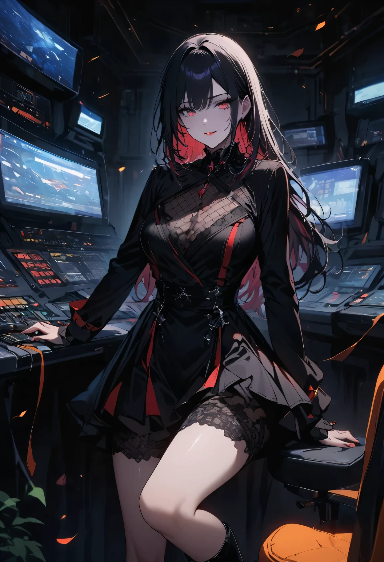 (Highest resolution, clearly_image), best quality, masterpiece, Very detailed, semi-realistic, woman with black short hair, mature woman, triple bangs, black, black pleated skirt, Uniform, spaceship space, control room, commander