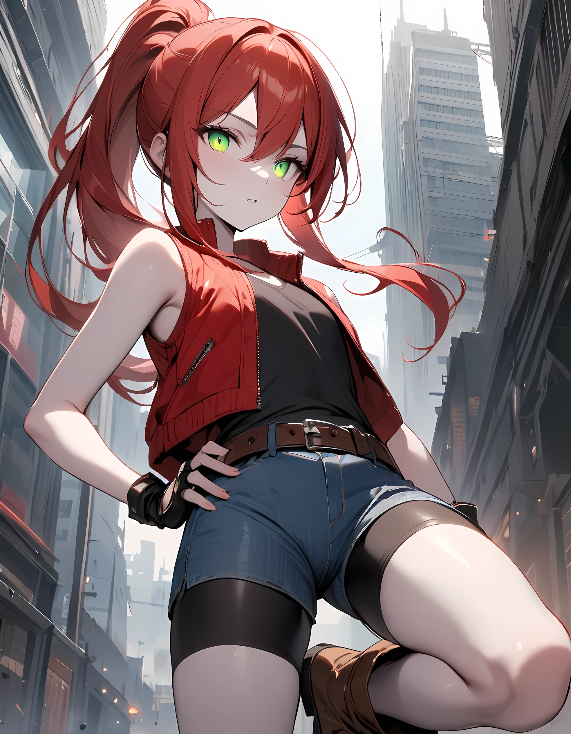 detailed, (masterpiece:1.2), (pale_skin:1.2), (solo:1.2), (female), slender, (glowing_eyes), (bright_eyes), long hair, bangs, shirt, gloves, hair between eyes, bare shoulders, closed mouth, green eyes, jacket, ponytail, sidelocks, thighs, red hair, boots, outdoors, parted lips, open clothes, shorts, sleeveless, black gloves, belt, fingerless gloves, vest, open jacket, hand on hip, bare arms, black shirt, short shorts, sleeveless shirt, brown footwear, leg up, denim, bike shorts, building, red jacket, cropped jacket, blue shorts, denim shorts, black vest, red vest, brown belt, open vest, sleeveless jacket