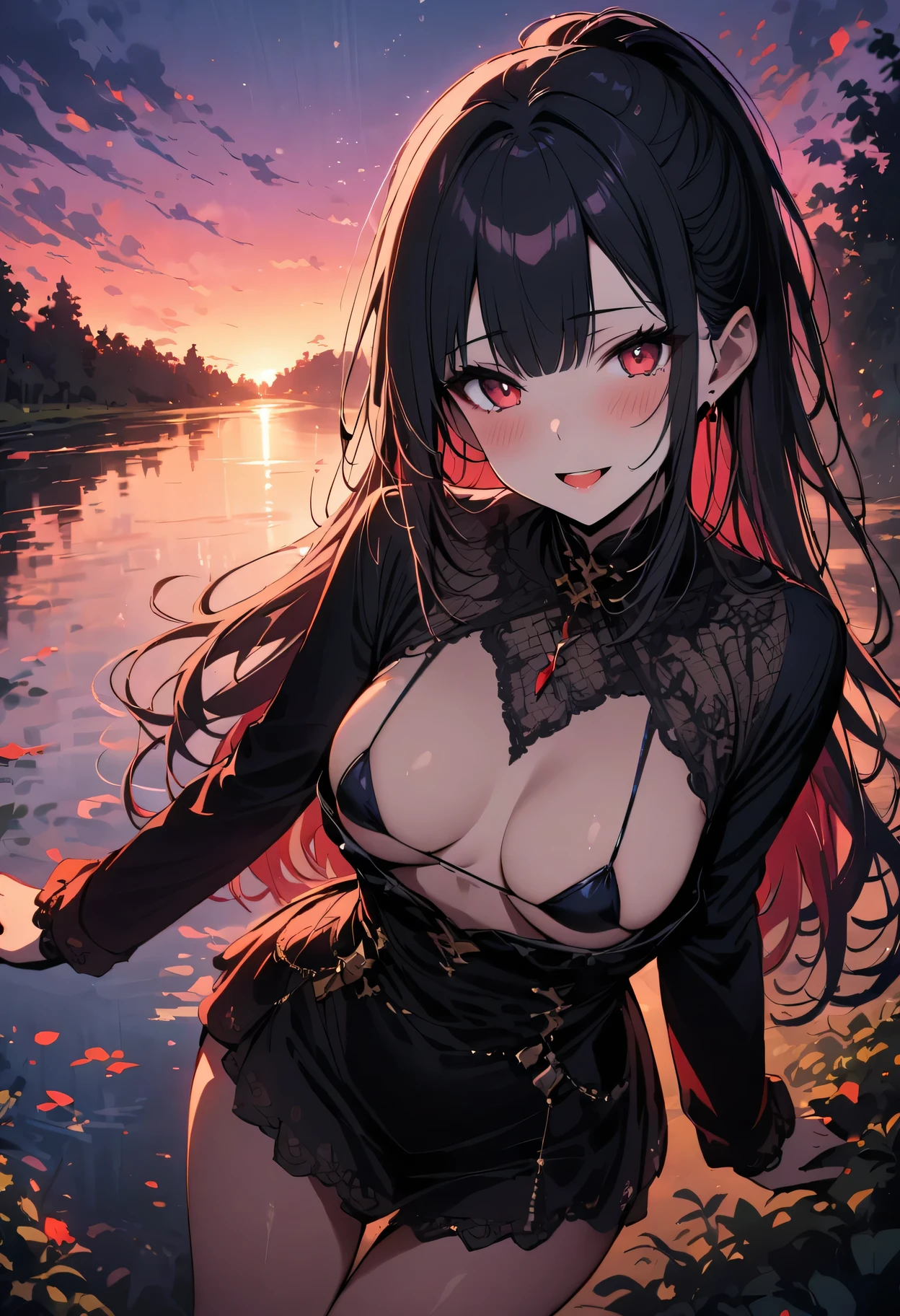 (best quality, masterpiece), 1 girl, intricate details, Beautiful and delicate face, (tiny micro bikini:1.2), perspective, looking at the audience, (pond in evening), blush, open mouth, black hair, Medium long hair, blunt bangs, happy, permanent, colorful sunset