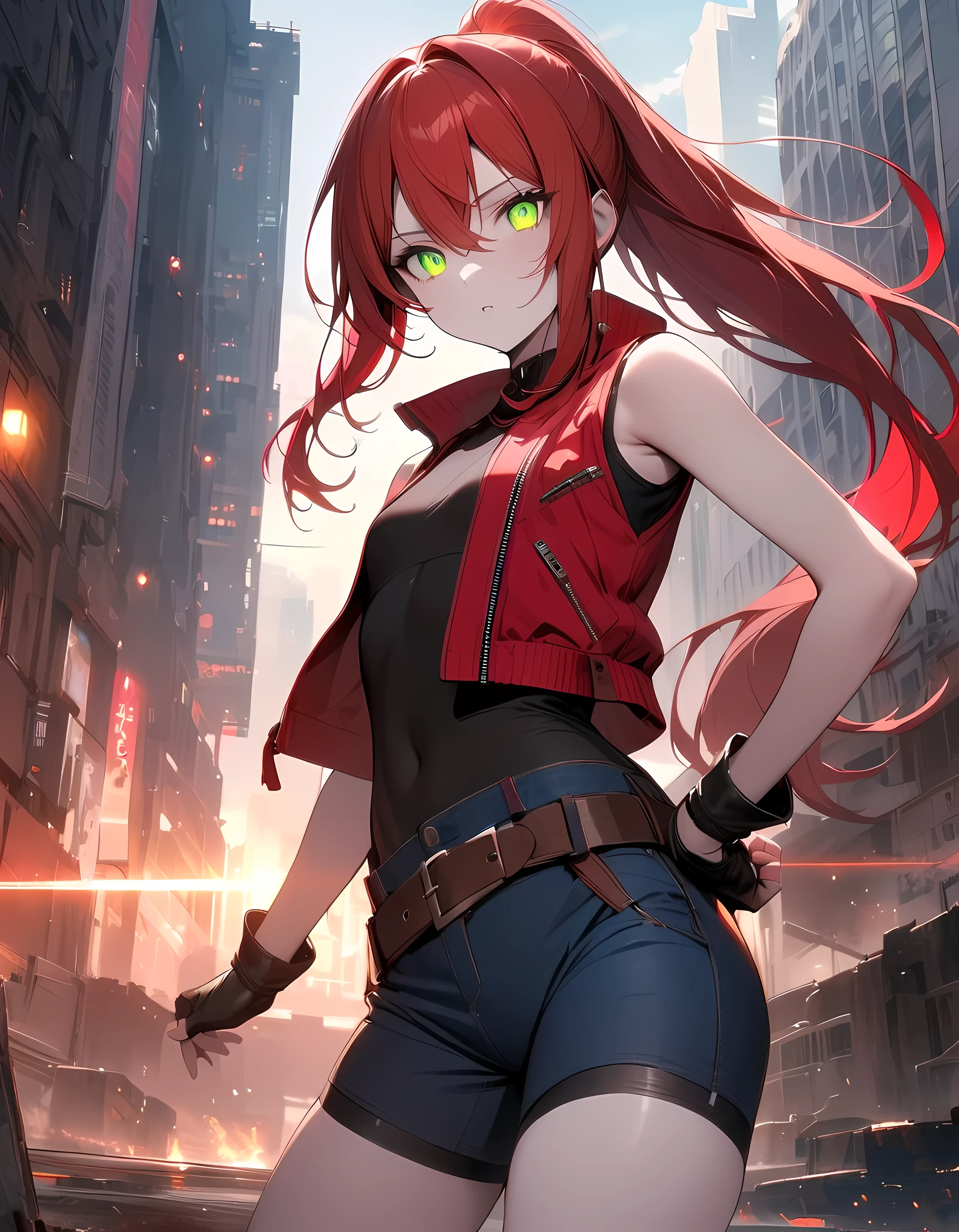 detailed, (masterpiece:1.2), (pale_skin:1.2), (solo:1.2), (female), slender, (glowing_eyes), (bright_eyes), long hair, bangs, shirt, gloves, hair between eyes, bare shoulders, closed mouth, green eyes, jacket, ponytail, sidelocks, thighs, red hair, boots, outdoors, parted lips, open clothes, shorts, sleeveless, black gloves, belt, fingerless gloves, vest, open jacket, hand on hip, bare arms, black shirt, short shorts, sleeveless shirt, brown footwear, denim, bike shorts, building, red jacket, cropped jacket, blue shorts, denim shorts, black vest, red vest, brown belt, open vest, sleeveless jacket