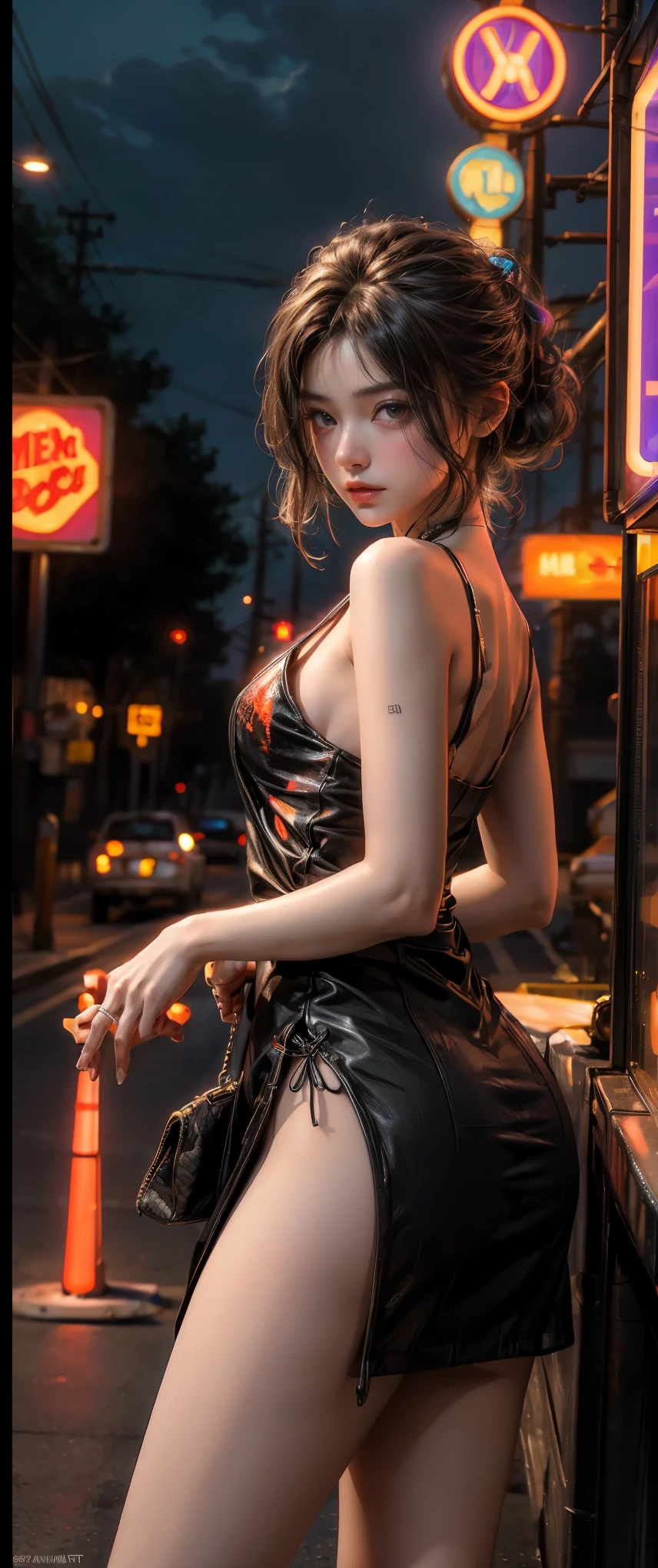 ((Obra maestra, of the highest quality, Mejor calidad de imagen, high resolution, realista, foto cruda, 8k)), Motel rudo con autos estacionados en frente々bonita vista, with neon sign, Una prostituta esperando a un cliente frente a un motel, decoy, vestido sexy y tacones altos, Ruta Nacional 66, neon sign, 1 9 5 0 s turismo americano, some have neon sign, Outdoor neon, Neon advertising, gigantic neon sign, neon shop, Ese Ernie Swekel, few neon sign, neon sign in background,