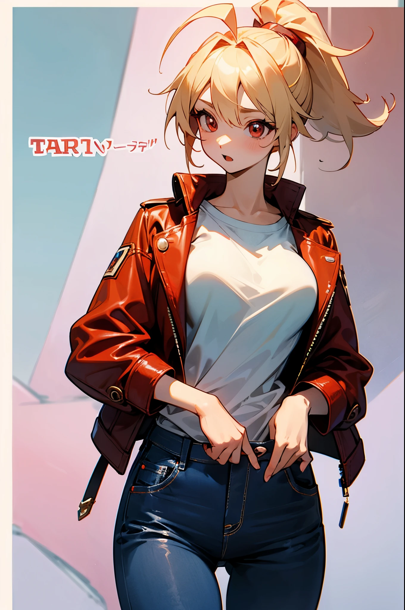 girl、blonde ponytail、Ahoge、big round red eyes、、beautiful woman、white t-shirt、red leather rider jacket、blue jeans pants、A lot of fun