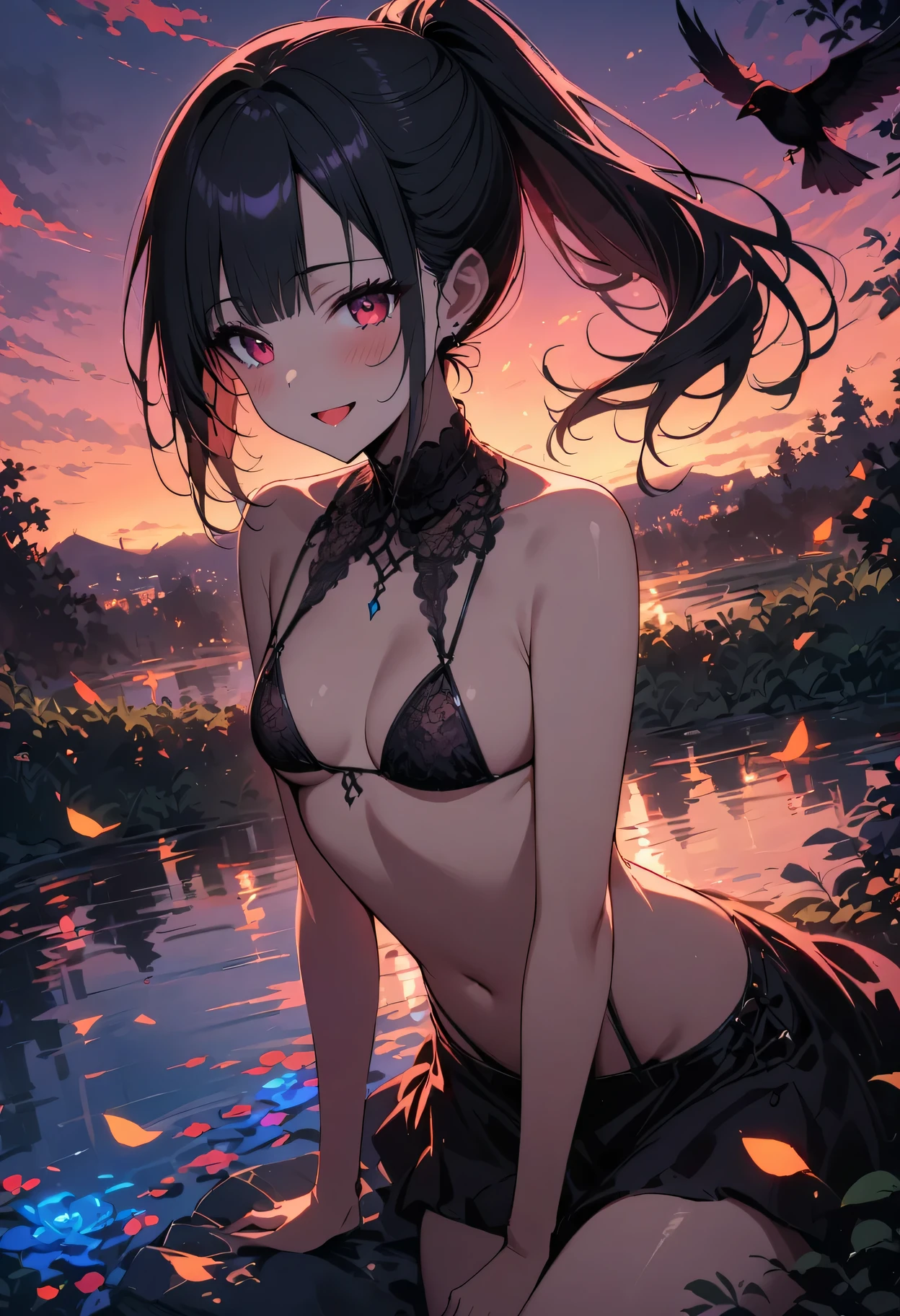 (best quality, masterpiece), 1 girl, intricate details, Beautiful and delicate face, (tiny micro bikini:1.2), perspective, looking at the audience, (pond in evening), blush, open mouth, black hair, Medium long hair, blunt bangs, happy, permanent, colorful sunset
