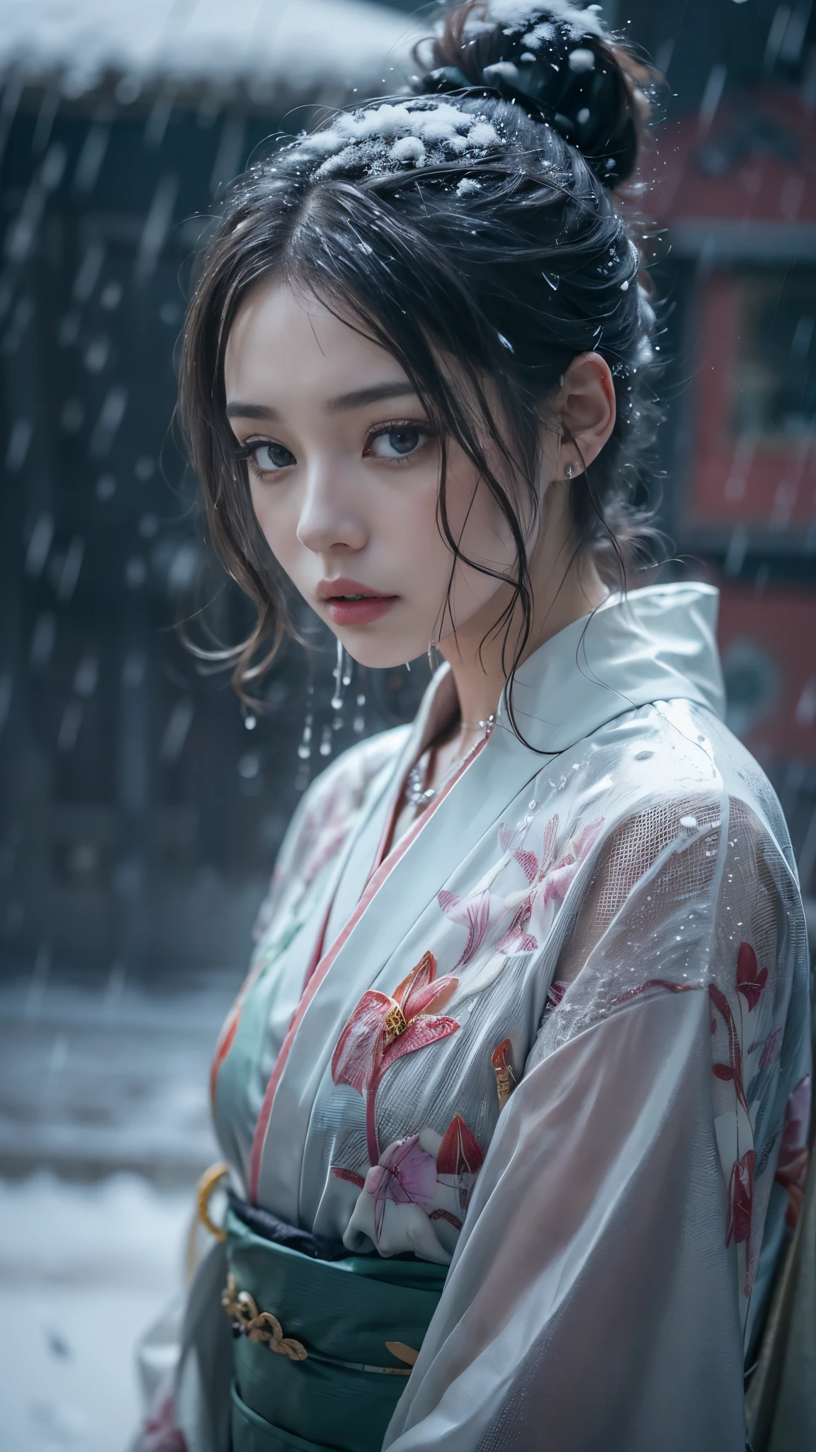 (RAW shooting:1.5, Photorealistic:1.5, 16k, highest quality, masterpiece, Ultra-high resolution), Perfect dynamic composition:1.3, (heavy snow, On a cliff on a precipitous cliff, Great background, Expressions of sadness:0.9), Highly detailed skin and facial textures:1.3, Wet slim woman:1.2, Random Shot, Fair skin:1.2, Mysterious portrait:1.1, Incredibly slim body:1.2, aesthetic:1.1, Very beautiful face:1.2, Water droplets on the skin, (Rain dripping down on my body:1.1, Wet body:1.1, Wet Hair:1.1), (Professional kimono dressing:1.1, With a wet bouquet:1.2, The correct way to wear a wet silver kimono:1.3), (Shapely breasts, Chest gap), (Beautiful erotic eyes:0.8, Beautiful, erotic lips:0.8), (Too erotic:0.9, Fascinating:0.9), necklace, Earrings, bracelet