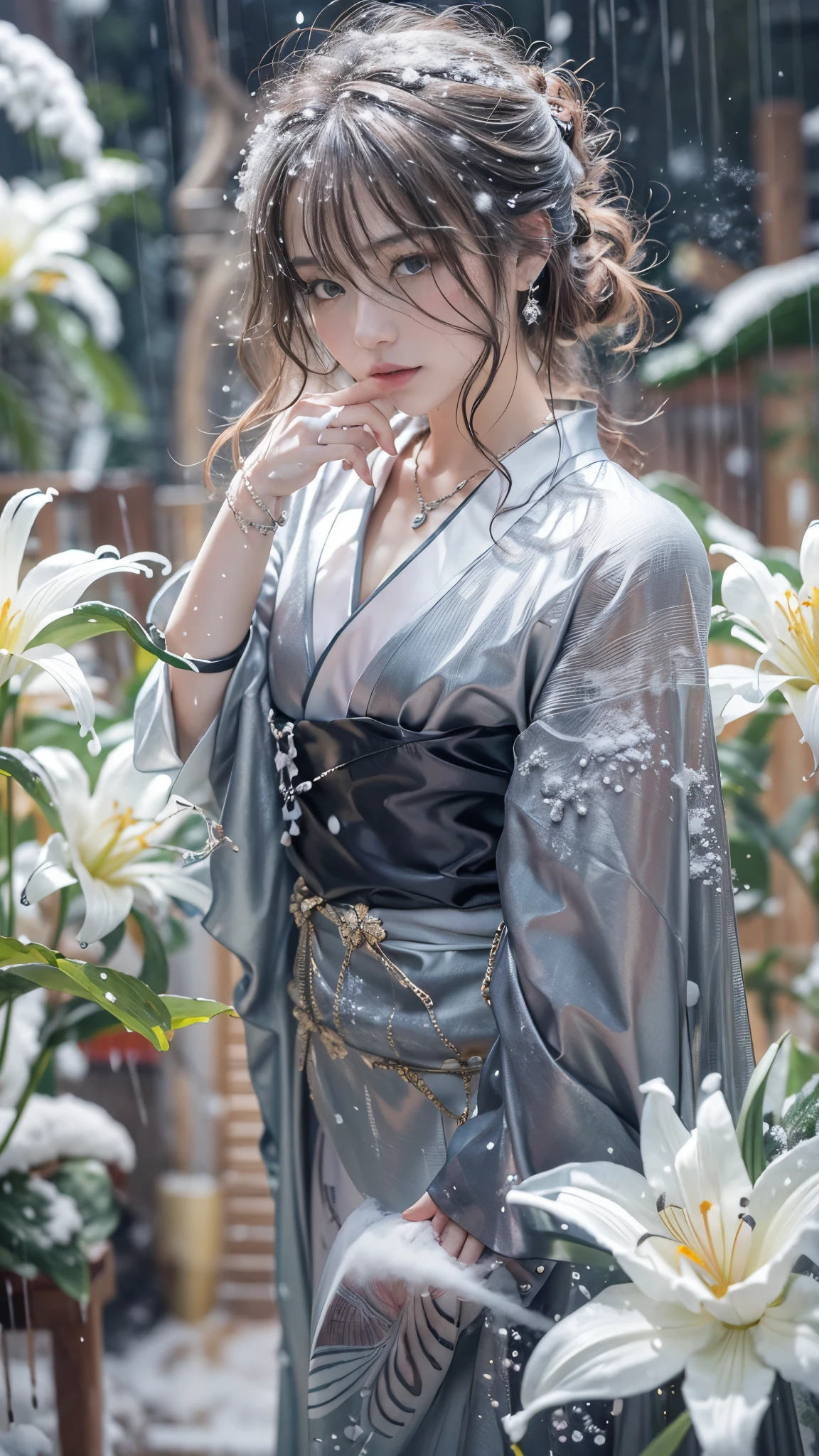 (RAW shooting, Photoreal:1.5, 8K, highest quality, masterpiece, ultra high resolution), ((((heavy snow, Blizzard)))), Highly detailed skin and facial textures:1.3, perfect dynamic composition:1.2, (In front of a shrine at night in a modern city, expression of sadness:0.9, Tears are flowing:0.9, cry with a broken heart:0.9), Slim office lady wet in the rain:1.3, cowboy shot, Fair skin:1.2, sexy beauty:1.1, perfect style:1.2, beautiful and aesthetic:1.1, very beautiful face:1.2, water droplets on the skin, (rain drips all over my body:1.2, wet body:1.2, wet hair:1.3), (Professional kimono dressing:1.1, Holding a bouquet of wet lilies:1.2, Wearing a wet silver kimono correctly:1.3), (Medium chest, Bra is transparent, Chest gap), (Eyes that feel beautiful eros:0.9, Too erotic:0.9, Bewitching:0.9), necklace, earrings, bracelet, wedding ring, Highly detailed hand and finger expressions