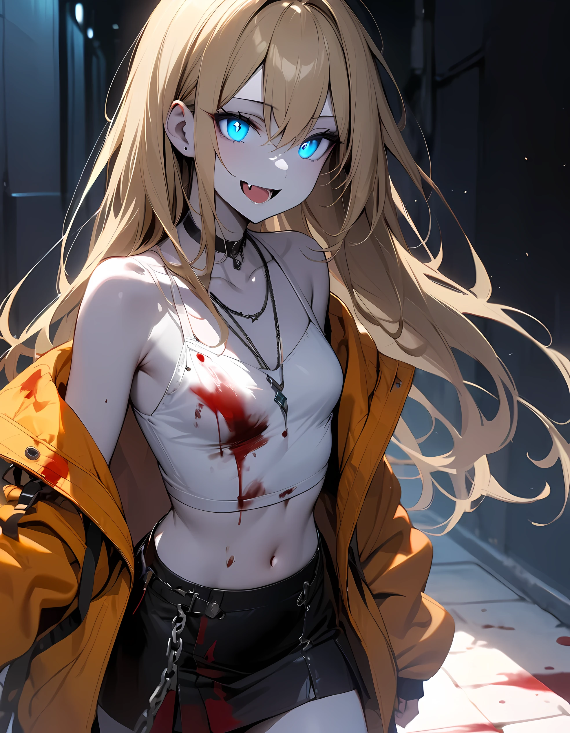 detailed, (masterpiece:1.2), (pale_skin:1.2), (solo:1.2), (female), slender, (glowing_eyes), (bright_eyes), long hair, smile, open mouth, blue eyes, skirt, blonde hair, shirt, navel, bare shoulders, jewelry, collarbone, jacket, cowboy shot, open clothes, teeth, sleeveless, choker, fang, midriff, miniskirt, black skirt, necklace, off shoulder, stomach, open jacket, crop top, sleeveless shirt, blood, night, chain, black choker, yellow jacket, blood on clothes, orange jacket