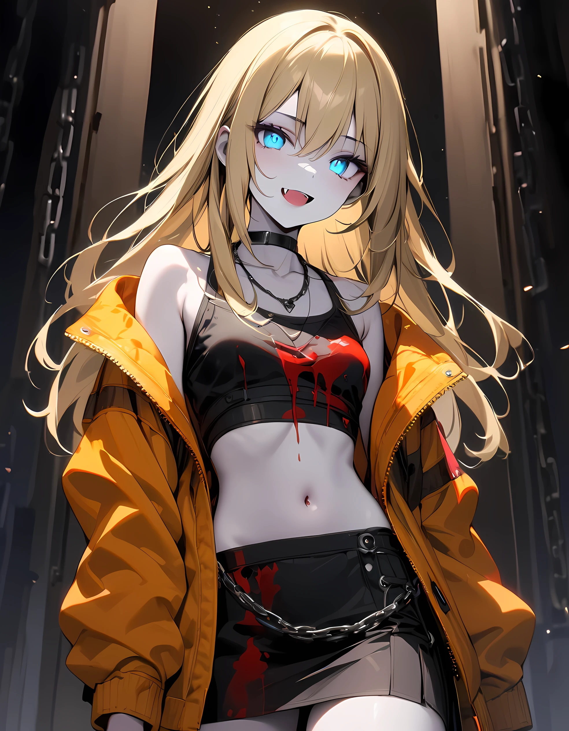detailed, (masterpiece:1.2), (pale_skin:1.2), (solo:1.2), (female), slender, (glowing_eyes), (bright_eyes), long hair, smile, open mouth, blue eyes, skirt, blonde hair, shirt, navel, bare shoulders, jewelry, collarbone, jacket, cowboy shot, open clothes, teeth, sleeveless, choker, fang, midriff, miniskirt, black skirt, necklace, off shoulder, stomach, open jacket, crop top, sleeveless shirt, blood, night, chain, black choker, yellow jacket, blood on clothes, orange jacket