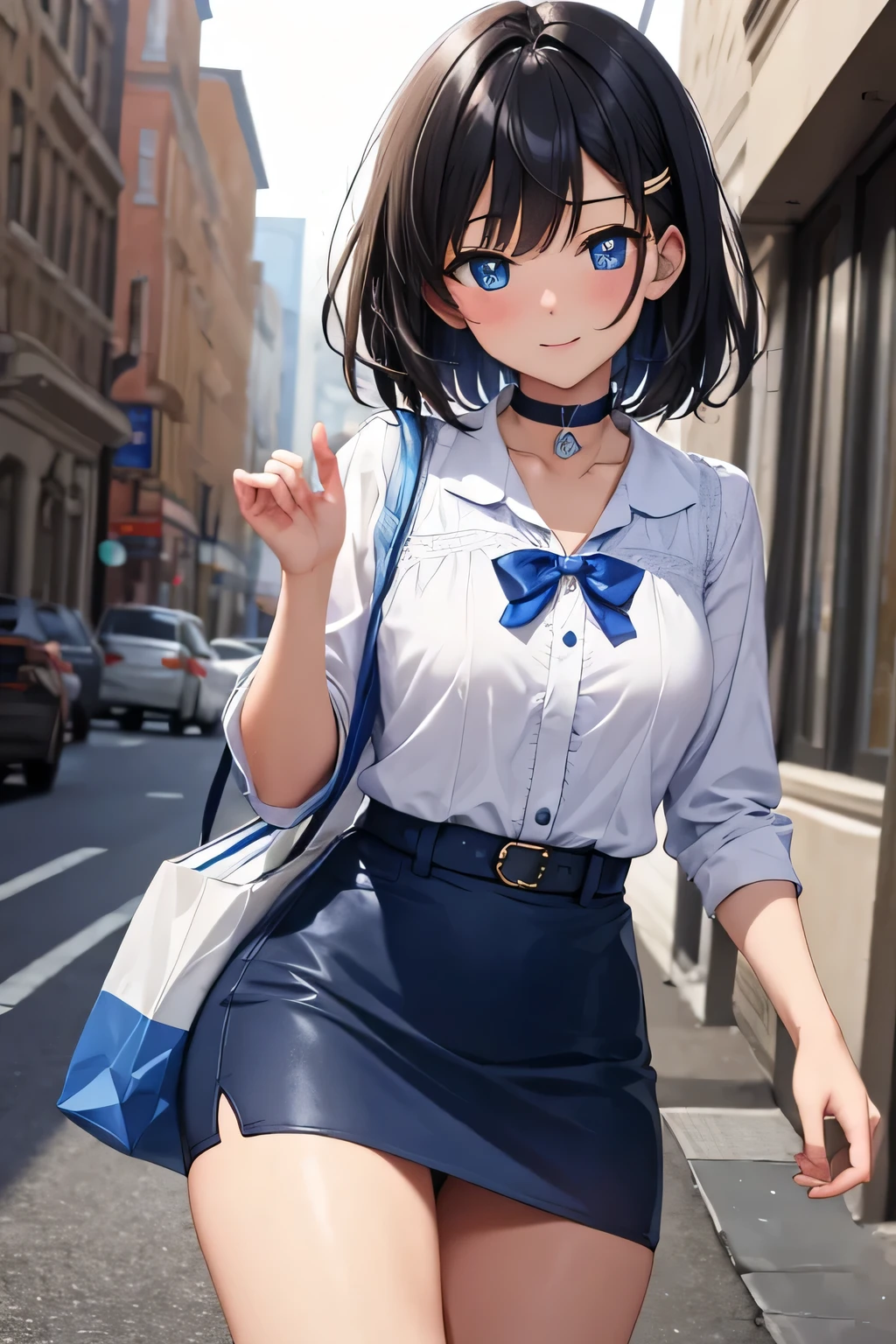 ((masterpiece)), (bestquality), ((ultra-detailed)), ((cinematic lighting)), depth of field, (dynamic angle),detailed lighting, (beautiful detailed blue eyes), 1girl, handing over a package, short black hair, tanned skin, Choker, tomboy, skirt, flirty smile, small bust, Package in Hand: 1.4 , Delivery girl: 1.2, Delivery,