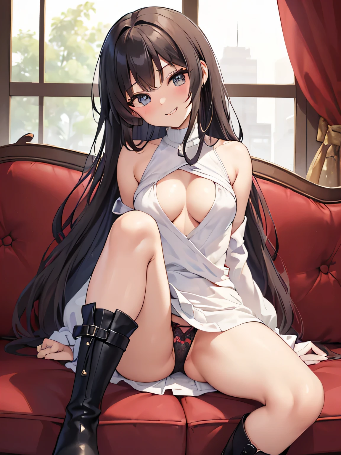 (masterpiece、highest quality、High resolution、realistic pictures、real looking skin:1.1)、
(The length of the dress is short so you can probably see her panties.、She inevitably lengthens her panties to hide them.:1.8)、
(A woman is sitting on a sofa in a hotel lobby:1.8)、
(looking at her from the front:1.8)、
(she has a grinning expression on her face:1.8)、
(Since it's a hotel, I don't violate manners such as opening my legs apart or standing on my knees.:2.0)、
(She is wearing a white long-sleeved turtleneck mini-knit dress.:1.8)、
(The white dress is transparent, so I used a thick mohair material with fluff.:1.8)、
(There is a gap around the chest of that dress and you can see her cleavage.:1.8)、
(I am wearing black middle boots.:1.8)、
(The panties are red and have a pattern.:1.8)、
(Bra and panties are always included:1.5)、
(brown semi-long hair:1.5)、
(small face:1.5)、
(she is 25 years old:1.5)、
(Her breasts are D cup, so you can see her cleavage through the gap between her breasts.:1.5)、
(Location: Hotel lobby sofa:1.5)、
1 Japanese girl、solo、full body esbian、beautiful eyes、shining eyes、Shining thighs、NSFW