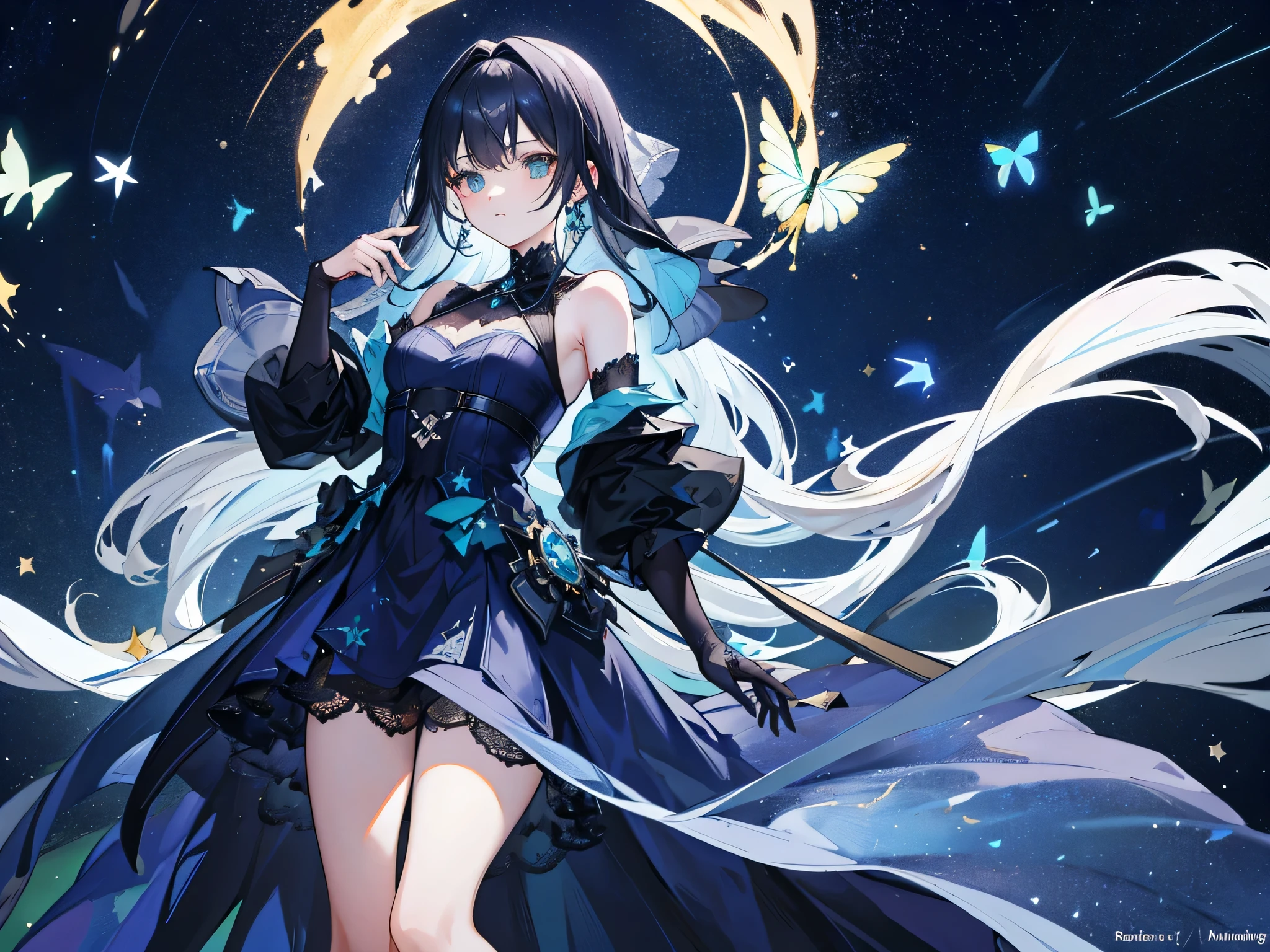 ((Super detailed)),((illustration))，((master paintings)),(((distressed))),((Beautiful and delicate eyes))，（Extremely detailed CG Unity 8K wallpapers，best quality，master paintings），（（4K，master paintings，best quality）），A woman who feels like a sister but a little mature，dark blue long hair，Long hair to waist，loose hair，shawl，emerald green eyes，（the only person），The night sky is full of stars，The left hand is slightly raised，There is a ring on the ring finger of the left hand，Dark Blue Oversized Swing Princess Long Dress，Wearing a large navy blue trench coat，There are stars hidden under the skirt，cloak，Dark blue butterflies dance around you，theater background，Star Curtain，Wearing a dark blue veil with stars，sling，on his right hand, He wears gradient blue star gloves，（full body picture），Smaller eyes，（pretty face：1.2），（thinning hair：1.2），（（Gorgeous starry sky background）），sit with the stars，The stars are soaring beneath your feet，Stepping on a black hole，dark blue boots