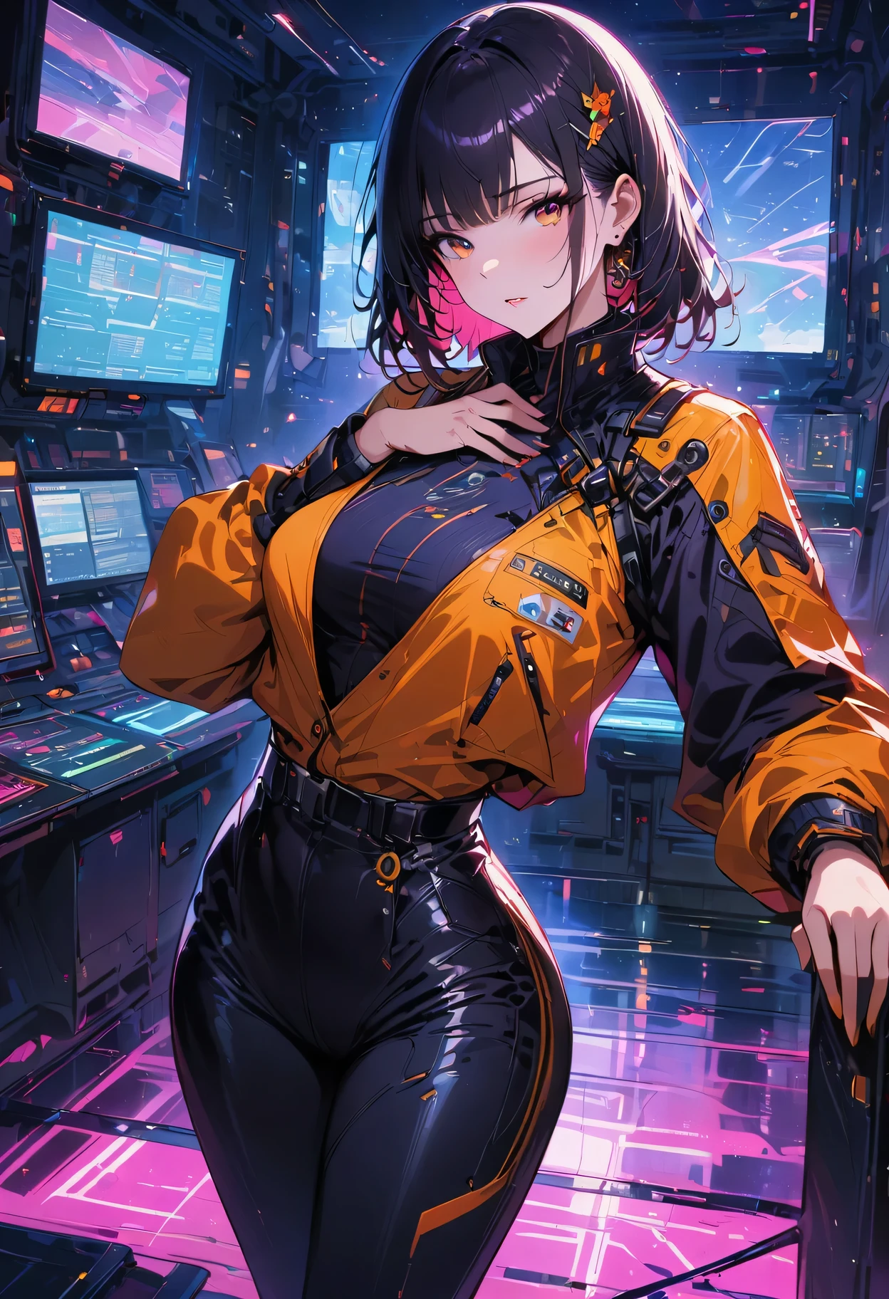 (Highest resolution, clearly_image), best quality, masterpiece, Very detailed, semi-realistic, woman with black short hair, mature woman, triple bangs, black, black pleated skirt, Uniform, spaceship space, control room, commander