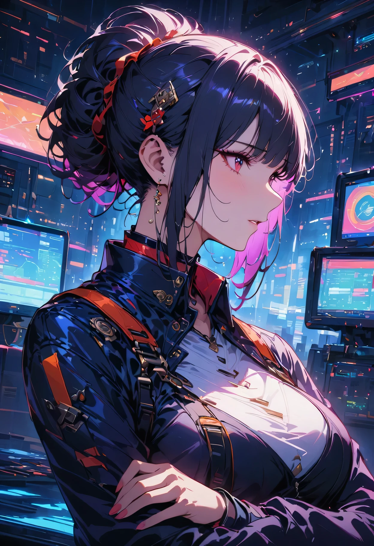 (Highest resolution, clearly_image), best quality, masterpiece, Very detailed, semi-realistic, woman with black short hair, mature woman, triple bangs, black, black pleated skirt, Uniform, spaceship space, control room, commander