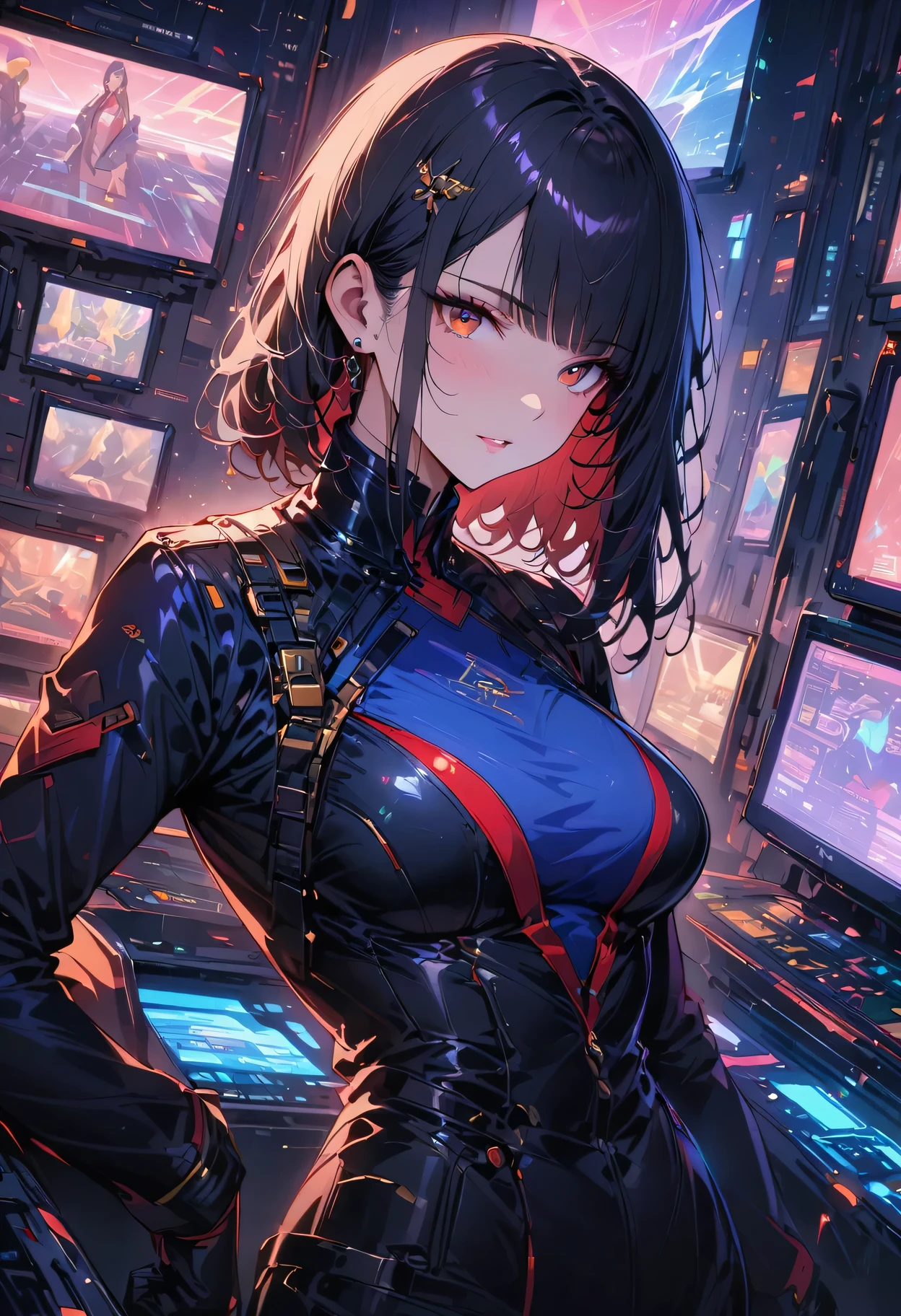 (Highest resolution, clearly_image), best quality, masterpiece, Very detailed, semi-realistic, woman with black short hair, mature woman, triple bangs, black, black pleated skirt, Uniform, spaceship space, control room, commander