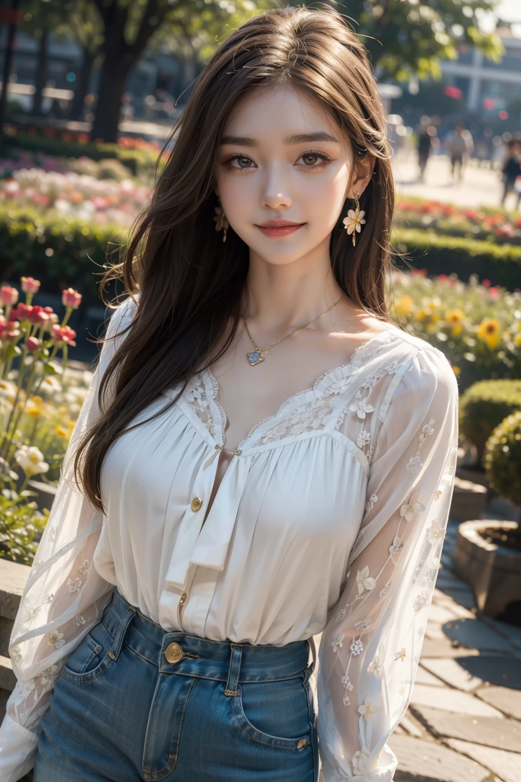 (best quality, 8k,32k,masterpiece, UHD:1.2),extremely detailed CG unity 8k wallpaper,intricate details,Raw photo,(photorealistic:1.4),atmosphere,ultra high res,Realistic,Real,Huge_filesize,incredibly absurdres,(centered:1.3),Ultra illustration,(ultra-detailed),cinematic lighting,various colors,depth of field,art by krenz cushart,golden hour lighting,taken by Canon EOS,SIGMA Art Lens 35mm F1.4,ISO 200 Shutter Speed 2000,blurry background,
BREAK,
1girl,(smile:1.4),slim body,(long straighthair:1.4),solo,20-year-old Japanese beautiful woman, (flower garden, white lace blouse:1.6),(light brown hair:1.5),((brown eyes)),Large breasts,chest, Soft white skin that shines with every detail,pale skin,Very beautiful face,Very well-formed face,Natural and realistic face,Best,beautiful detailed eyes,striking eyes,Eyes drawn in detail, smile with your mouth closed,Detailed mouth,Detailed lips,shiny beautiful lips,Glossy lips,simple earrings,necklace,jewelry, solo focus,low neckline,
BREAK,
Back lighting,kool,Standing,
BREAK,
(Dutch angle:1.4),cowboy shot,looking at viewer,
BREAK,tzuyu,yui aragaki,