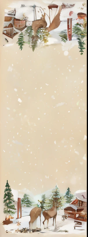 Close up of Christmas card with deer in the snow, light brown mist, snowflake, Xiaoxue, Xiaoxuefall, cream paper, pale light brown sky, sandy light brown, atmospheric crystal dust, snowflake乱舞, light brown background, Ethereal vapor tan skin, faded parchment, light brown, Pearlescent skin, Sand color, dust particles, Pearlized