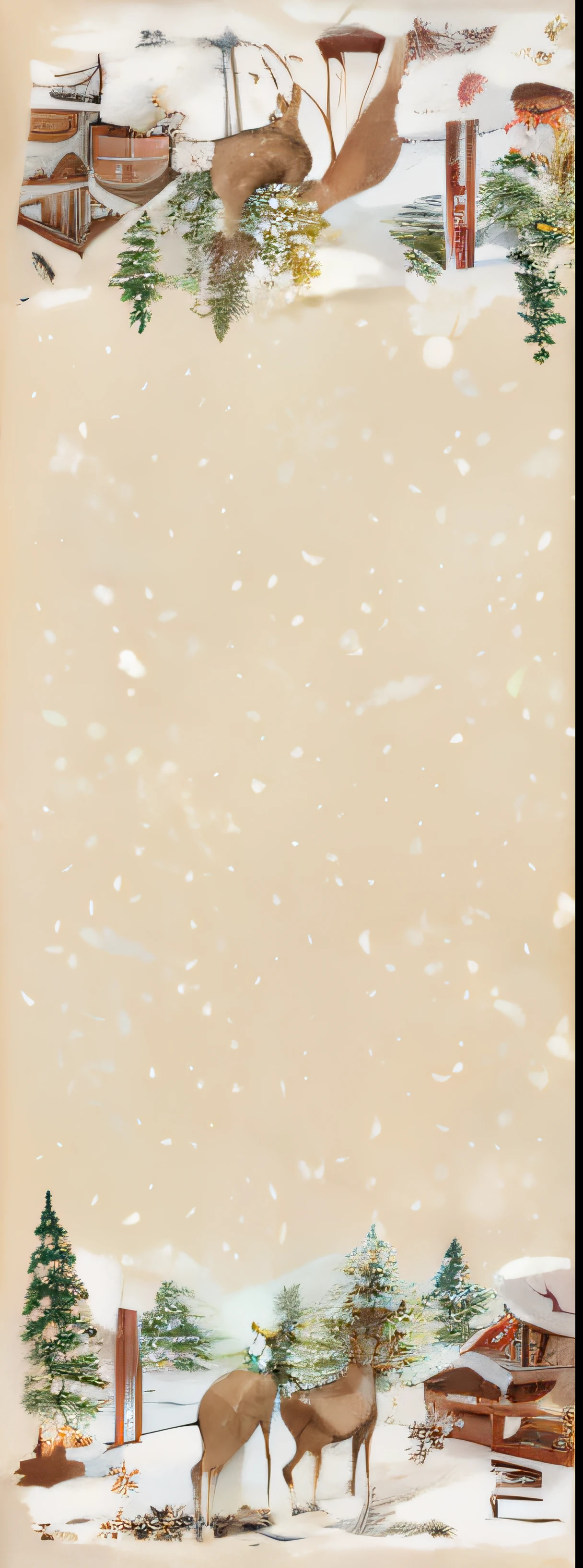 Close up of Christmas card with deer in the snow, light brown mist, snowflake, Xiaoxue, Xiaoxuefall, cream paper, pale light brown sky, sandy light brown, atmospheric crystal dust, Snowflake Dance, light brown background, Ethereal vapor tan skin, faded parchment, light brown, Pearlescent skin, Sand color, dust particles, Pearlized