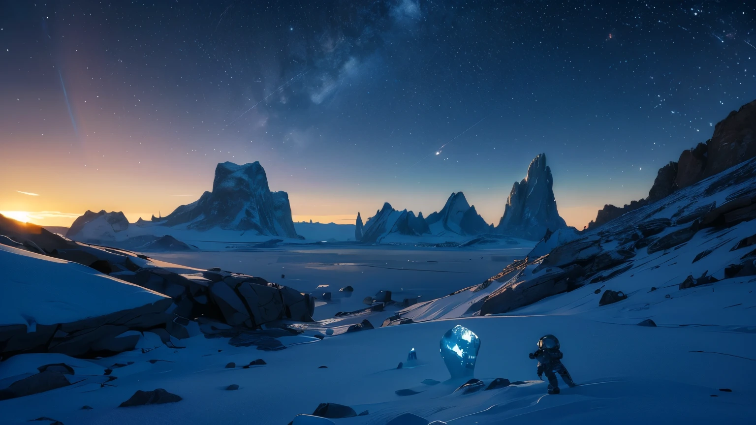 Icy landscape under the light of an alien sun, Terrain with frozen mountains and rocks. Little person in a space suit, The sky is clear, Show distant galaxies in the background. A huge ice wall forms on one side of the scene, while another, smaller piece floats nearby. In sharp contrast to the cold appearance, There's a warm glow inside it, Cast long shadows around. Gabriele Deotto (Gabriele Dell'otto) Style - ar 8:5 .4K