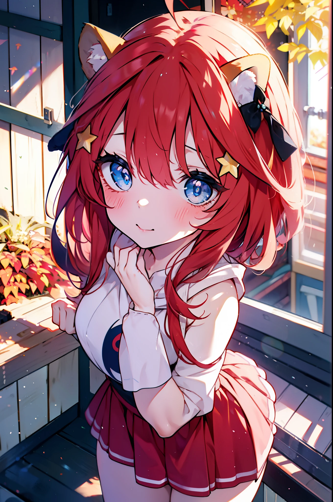 itsukinakano, itsuki nakano, bangs, blue eyes, hair between eyes, Ahoge, redhead, star \(symbol\), short braided hair,hair ornaments, star hair ornaments,smile,blush,animal ears　raccoon ears,animal tail　Tanuki tail,red hoodie,white long skirt,Cute Sandals,autumn leaves,whole bodyがイラストに入るように,
break outdoors, garden,
break looking at viewer,whole body,(cowboy shot:1.5),
break (masterpiece:1.2), highest quality, High resolution, unity 8k wallpaper, (shape:0.8), (beautiful deしっぽed eyes:1.6), extremely deしっぽed face, perfect lighting, extremely deしっぽed CG, (perfect hands, perfect anatomy),