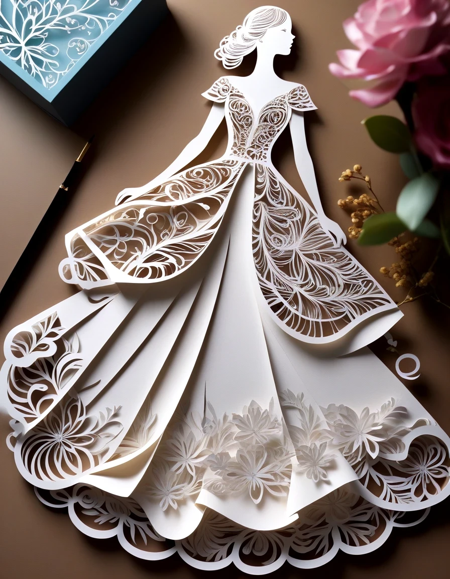 in style of papercutting artwork, a dress, full body, beautiful detailed
