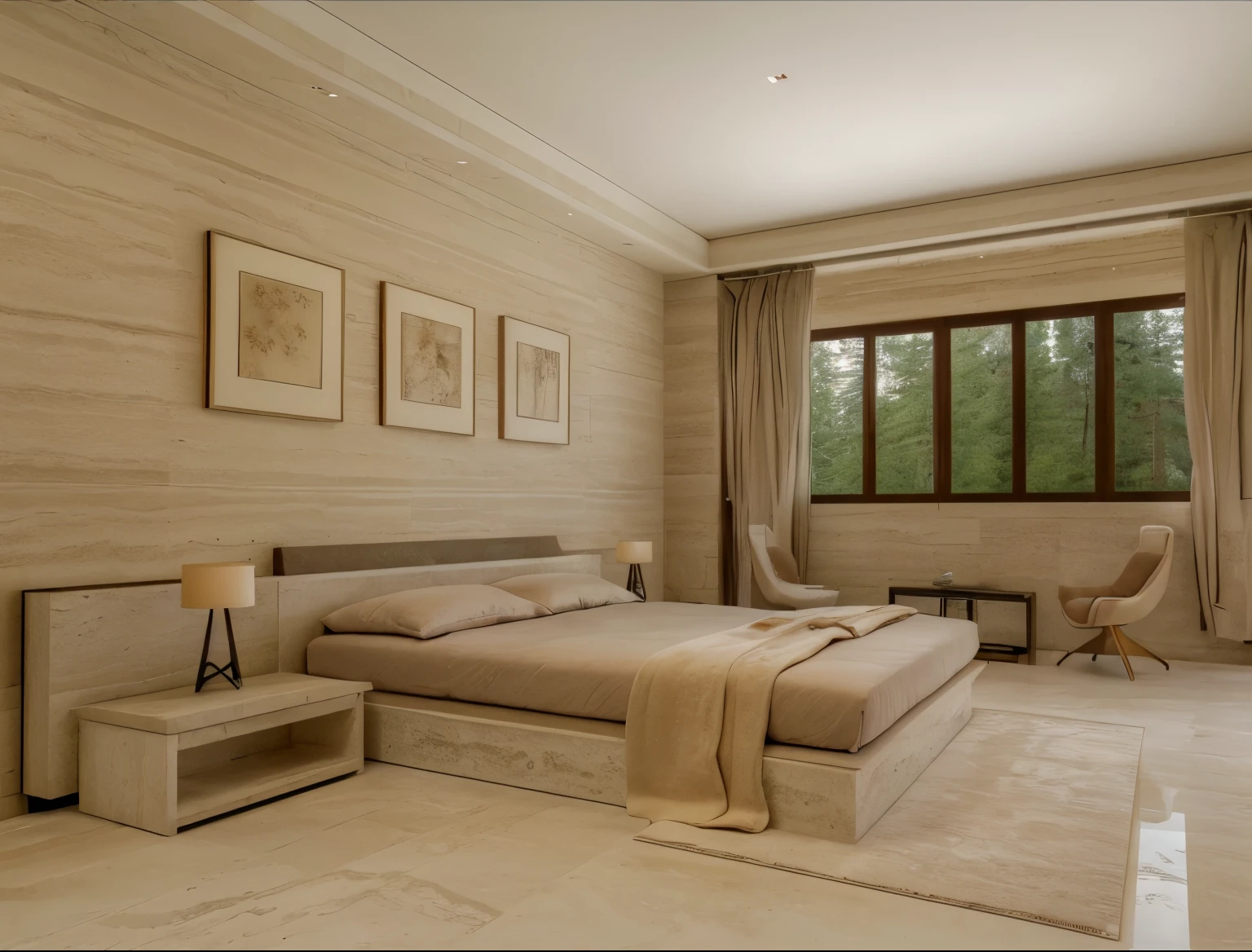 sunrise, in the forest, exterior of house, luxury design, Travertine mix with limestone, (realistic:1.2), Raw photo,Masterpiece, high quality, best quality, authentic, super detail,