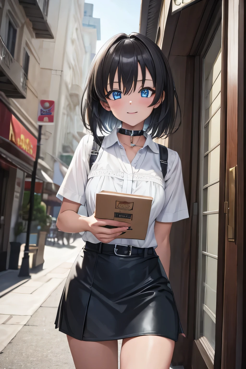 ((masterpiece)), (bestquality), ((ultra-detailed)), ((cinematic lighting)), depth of field, (dynamic angle),detailed lighting, (beautiful detailed blue eyes), 1girl, goth girl:1.4, handing over a package, short black hair, tanned skin, Choker, tomboy, skirt, flirty smile, small bust, Package in Hand: 1.4 , Delivery girl: 1.2, Delivery,