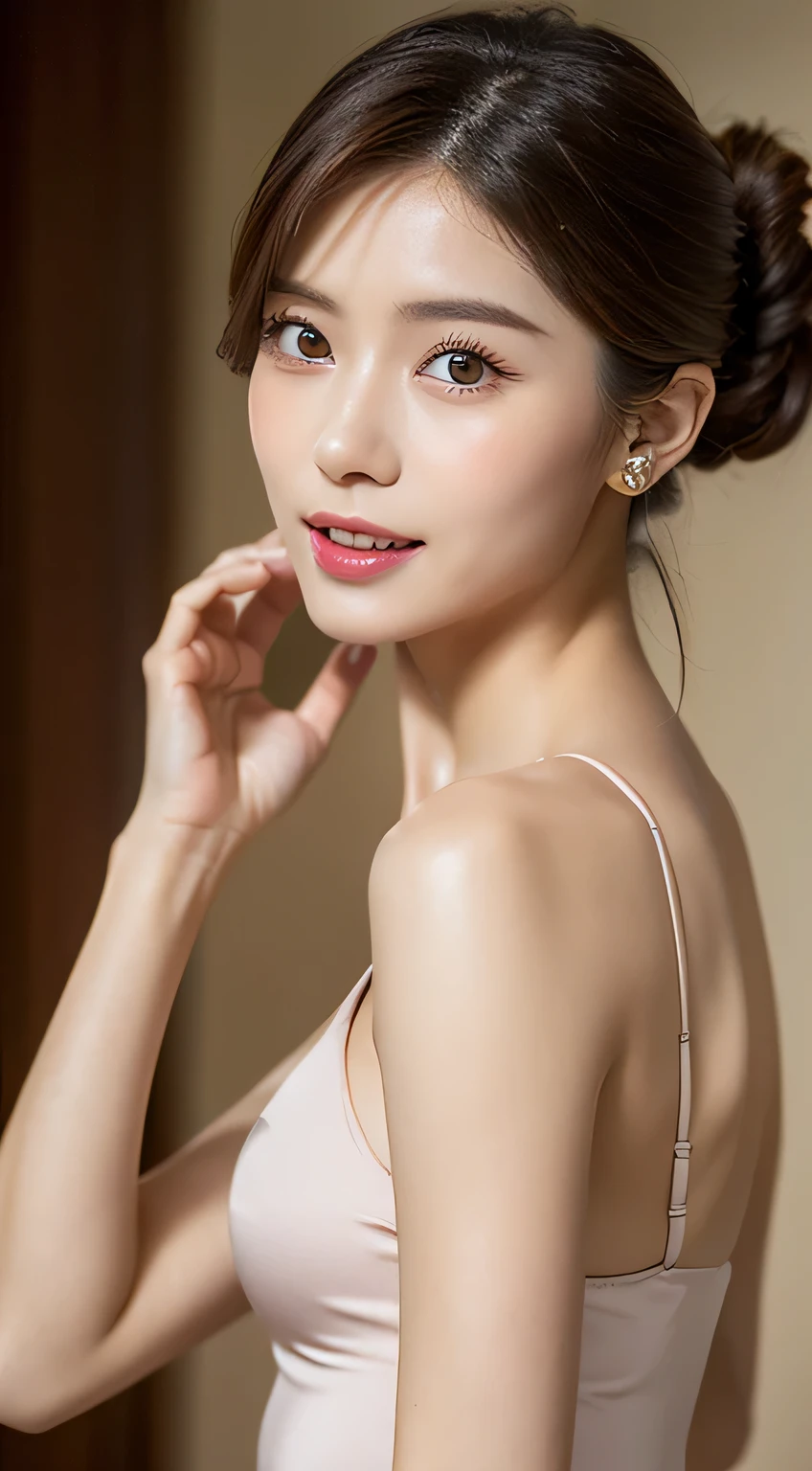 ((highest quality, 8K, masterpiece :1.3)), (realistic, Photoreal:1.4), sharp focus：1.2, 
Bright colors, professional level, shallow depth of field, 
20-year-old, (Half Japanese and half German woman), 1 person, A beautiful face with intelligence, 
Supple body :1.3, model body shape:1.5, 頭w:1.4, perfect style：1.4, 
narrow shoulders, beautiful clavicle, long and thin legs, The beauty of slim abs :1.2, thin waist :1.2, 
super detailed skin, Fair skin, Shiny skin, 
super detailed face, slim facial contour, beautiful small face, Beautiful lined nose, 
super detailed eyes, long slit eyes, brown eyes, double eyelid, beautiful thin eyebrows, fine long eyelashes, 
super detailed lips, plump lips, glossy pink lips, flushed cheeks, beautiful teeth, 
Beautiful actress&#39;s ennui makeup, pink lipstick, silver necklace, earrings, 
light brown hair, delicate soft hair, 
(hair up, ponytail :1.2), layer cut, (dull bangs:1.2), 
(Dress up with trendy fashion:1.2), 
gentle smile, open mouth half way, Enchanted expression, stare at the camera, 
(Full body image from the waist), dynamic lighting, 

((She is completely naked and wearing a campaign girl leotard.)),  
(perfect breast shape, B cup:1.2), A small pink areola, 
She has a cute plump butt, My thighs are dazzling, 
(facing forward:1.2), We focus on the crotch, 